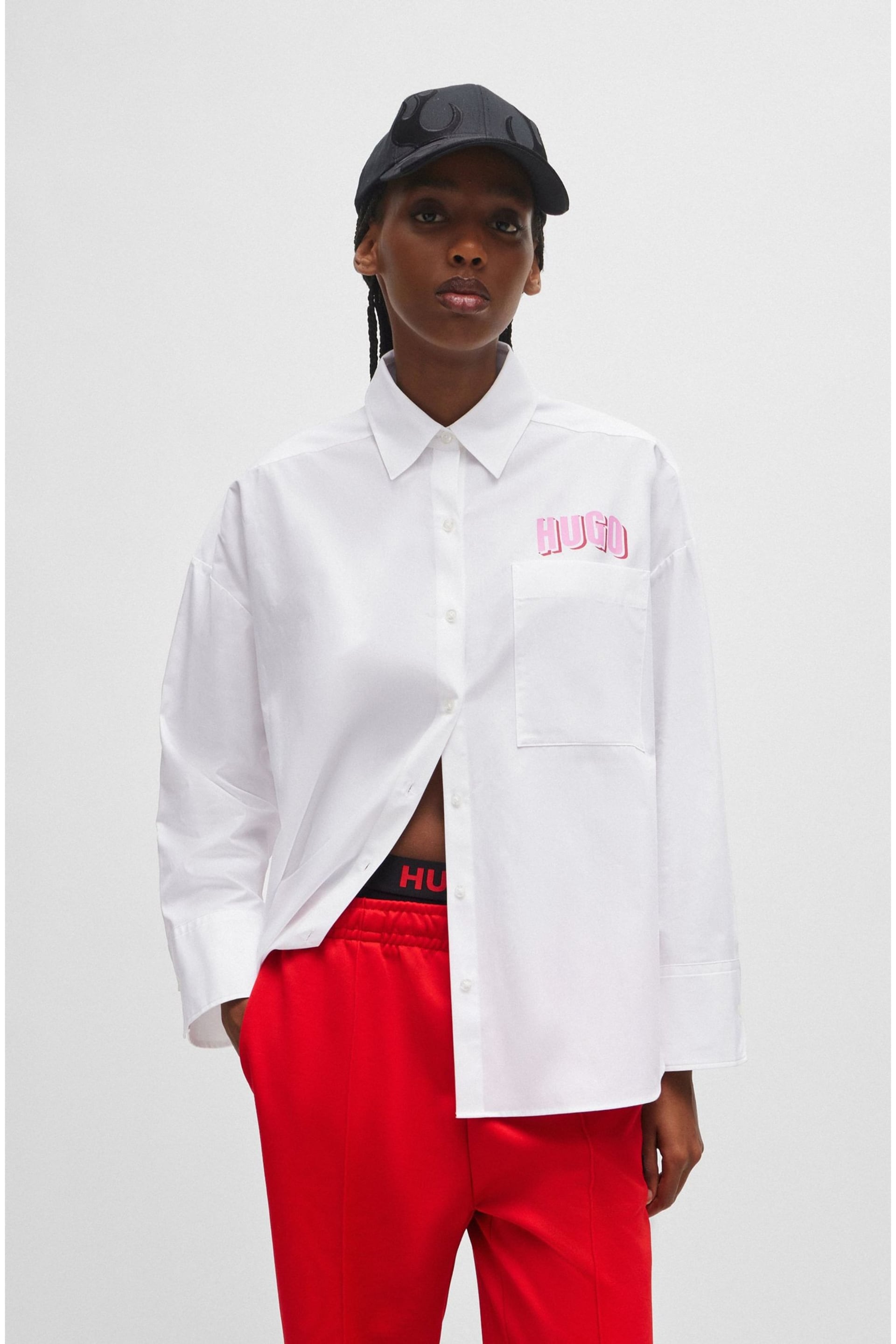 HUGO Oversized Fit White Blouse In Cotton Canvas With Seasonal Logo - Image 1 of 6