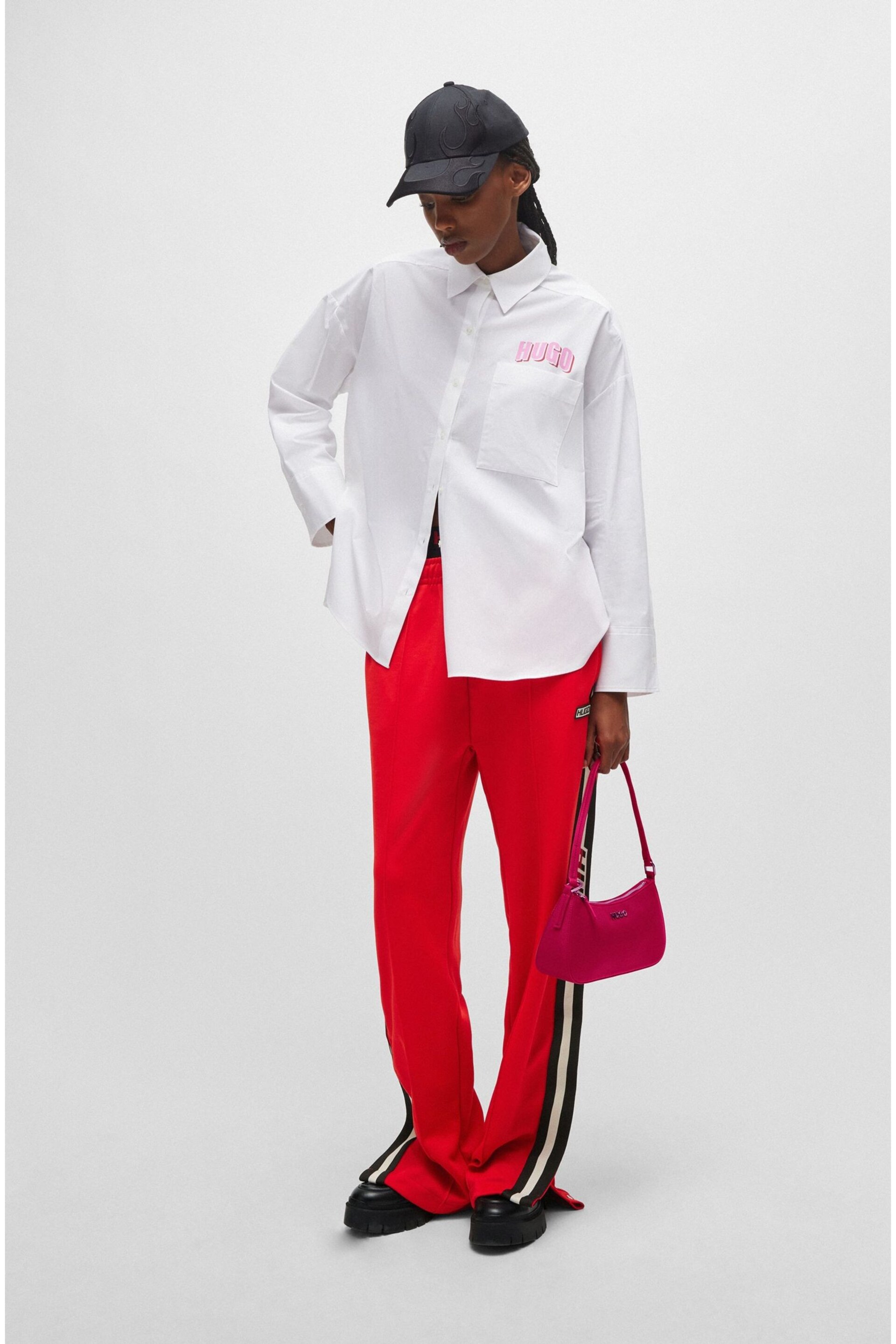 HUGO Oversized Fit White Blouse In Cotton Canvas With Seasonal Logo - Image 3 of 6
