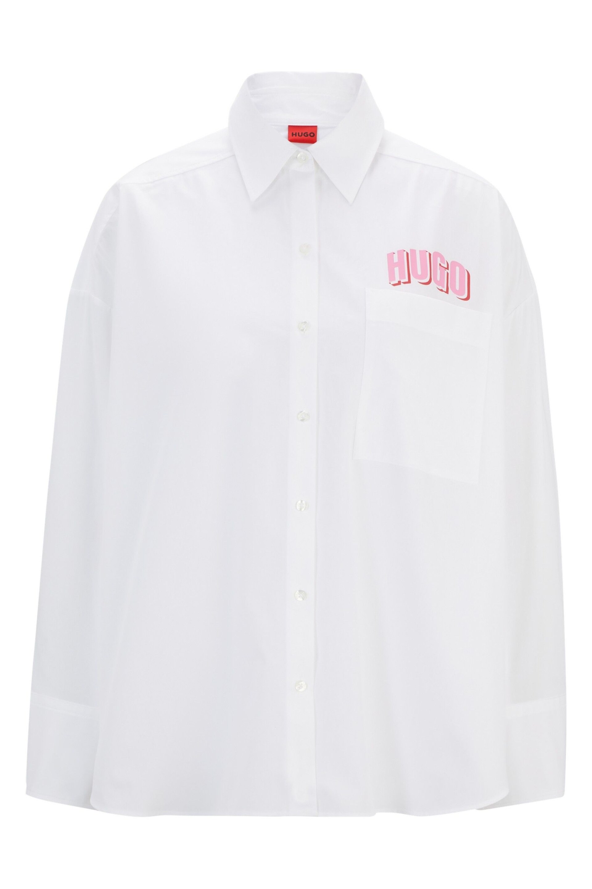 HUGO Oversized Fit White Blouse In Cotton Canvas With Seasonal Logo - Image 6 of 6