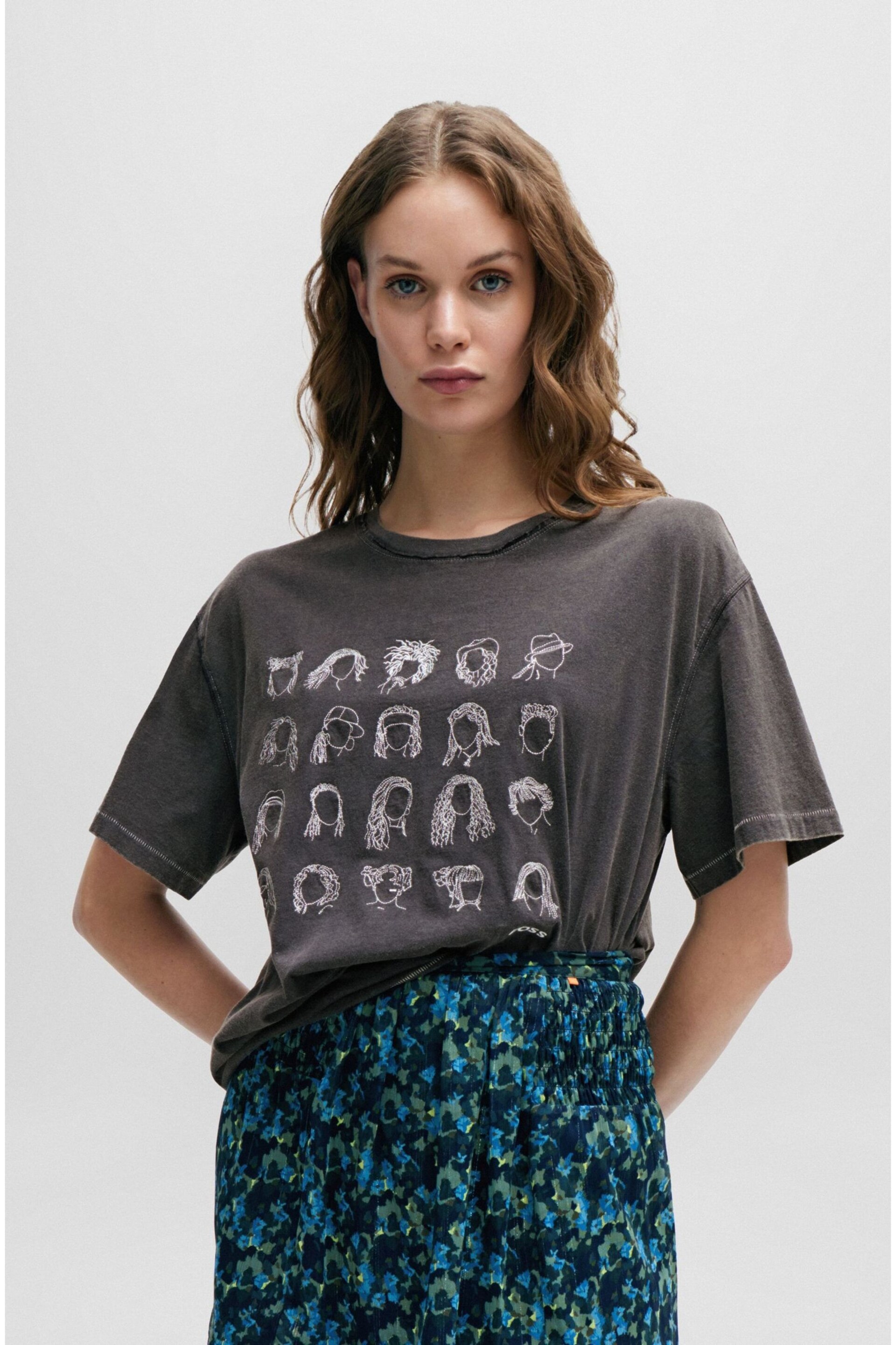 BOSS Grey Embroidered Hair-Do Graphic Relaxed Fit T-Shirt - Image 1 of 5