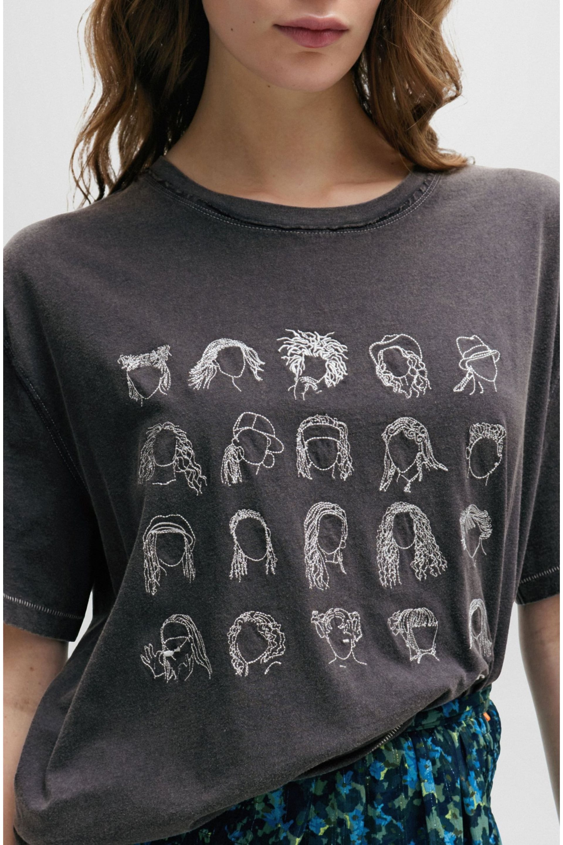 BOSS Grey Embroidered Hair-Do Graphic Relaxed Fit T-Shirt - Image 4 of 5