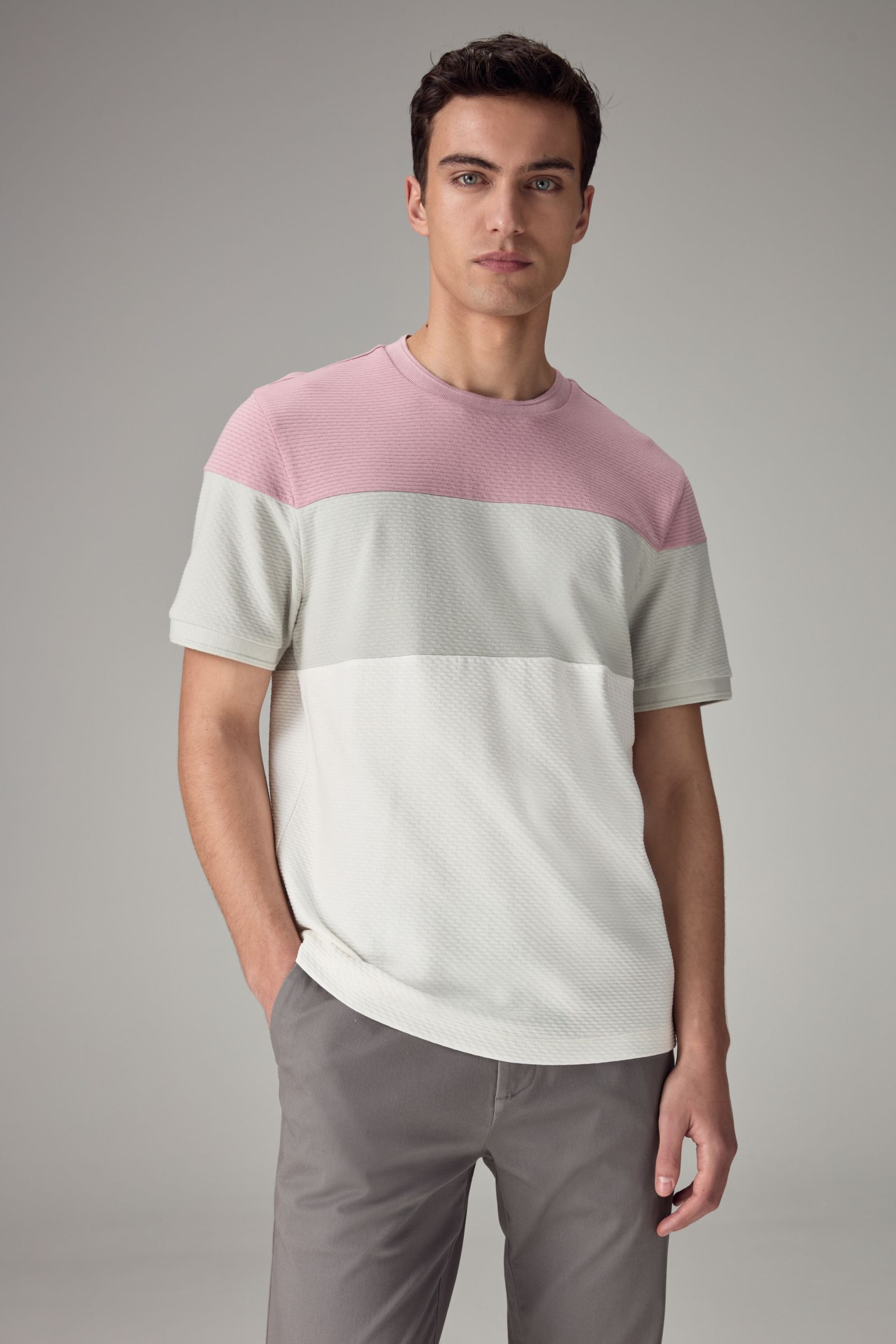 Pink/Grey/White Textured Colour Block T-Shirt - Image 1 of 7
