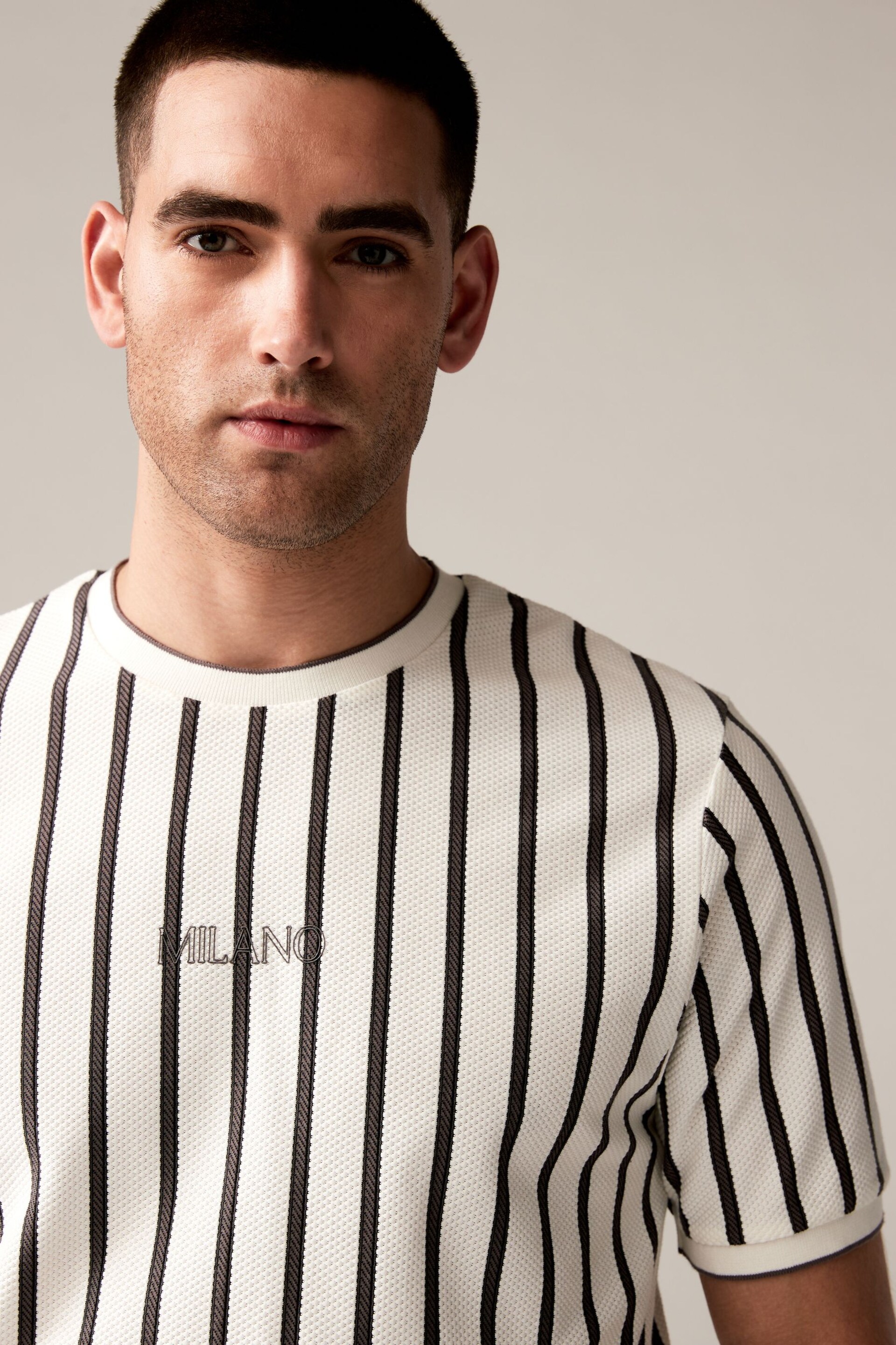 Ecru/Grey Textured Vertical Stripe T-Shirt - Image 1 of 8