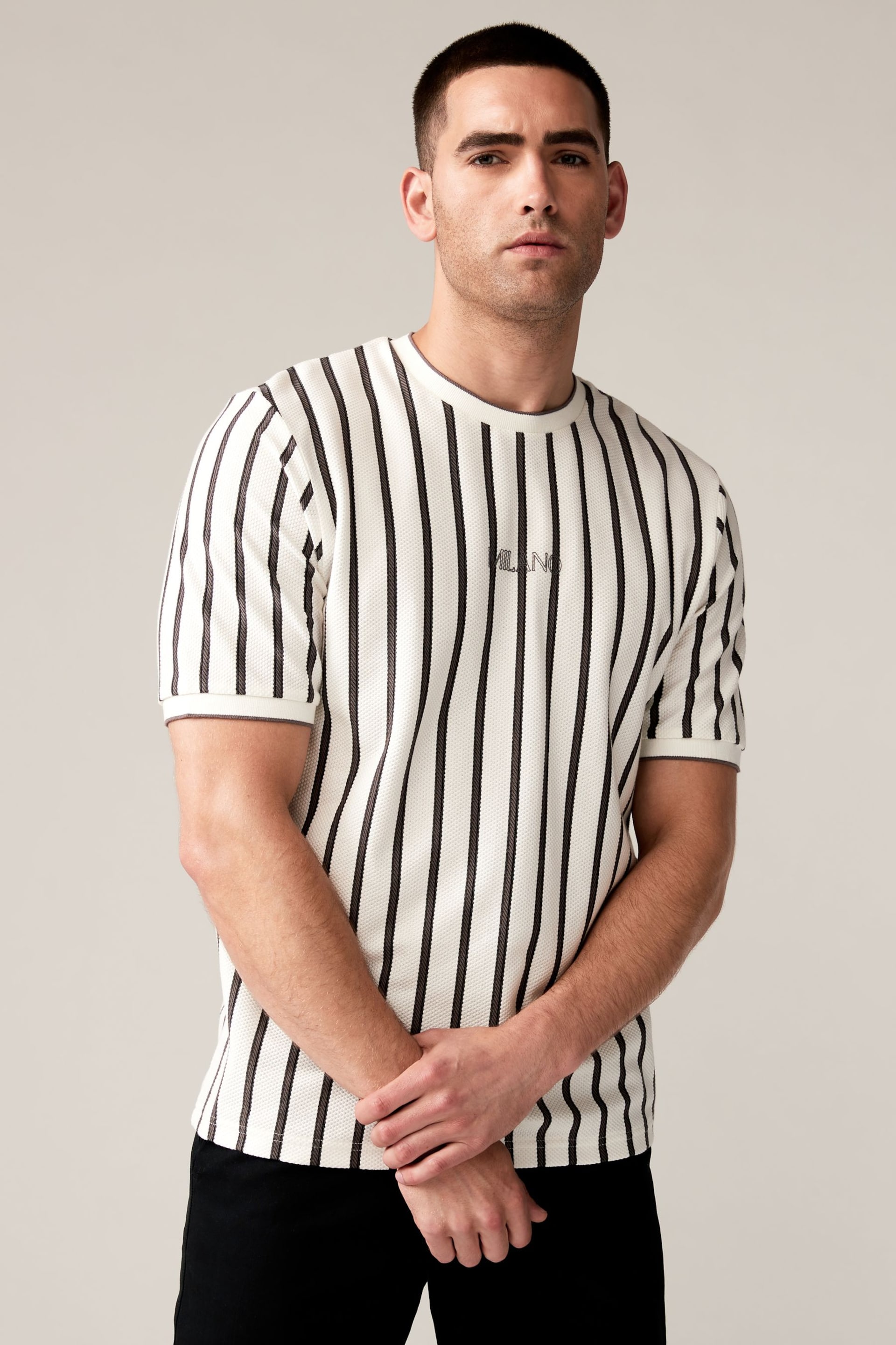 Ecru/Grey Textured Vertical Stripe T-Shirt - Image 4 of 8