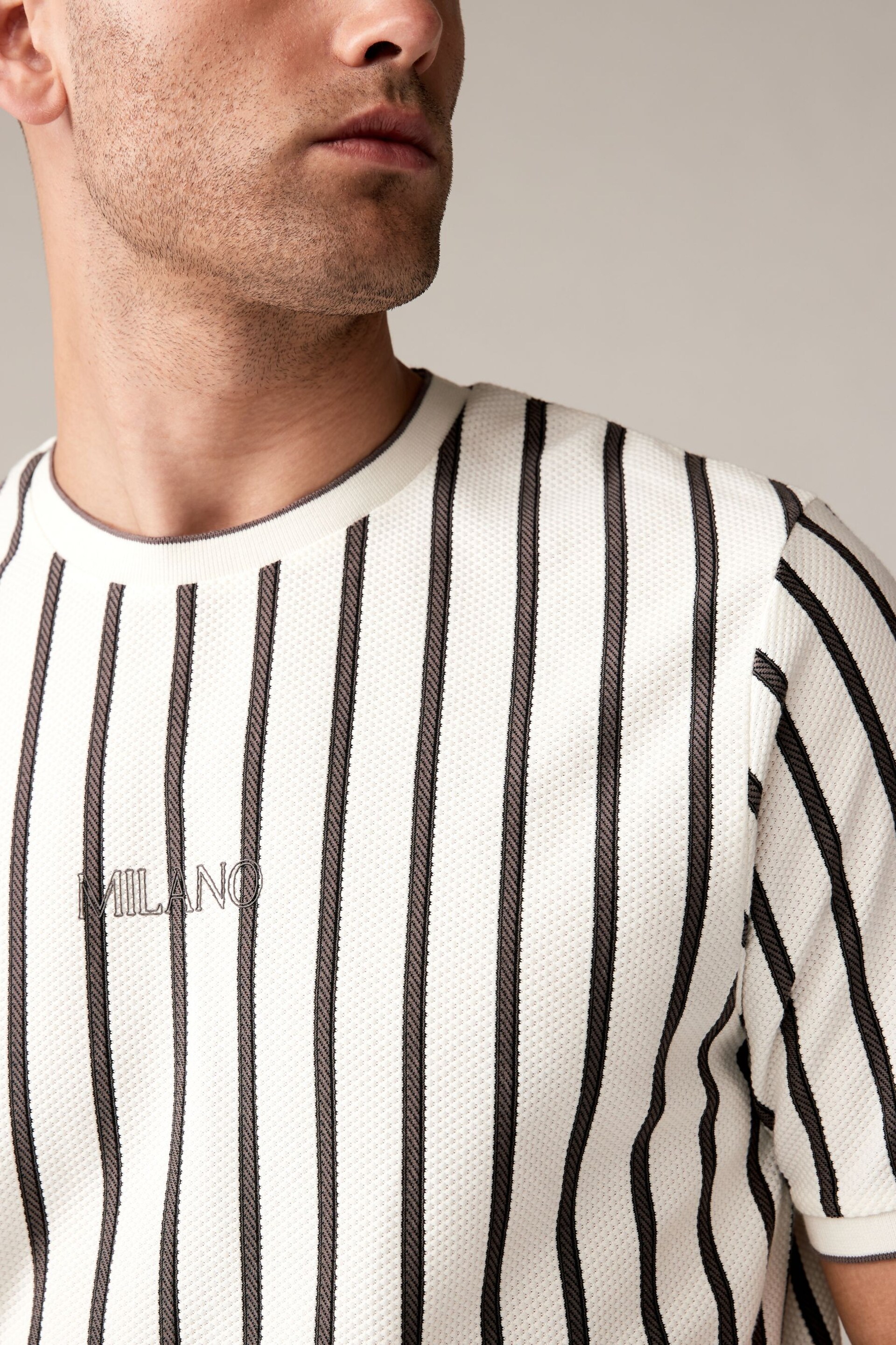 Ecru/Grey Textured Vertical Stripe T-Shirt - Image 5 of 8