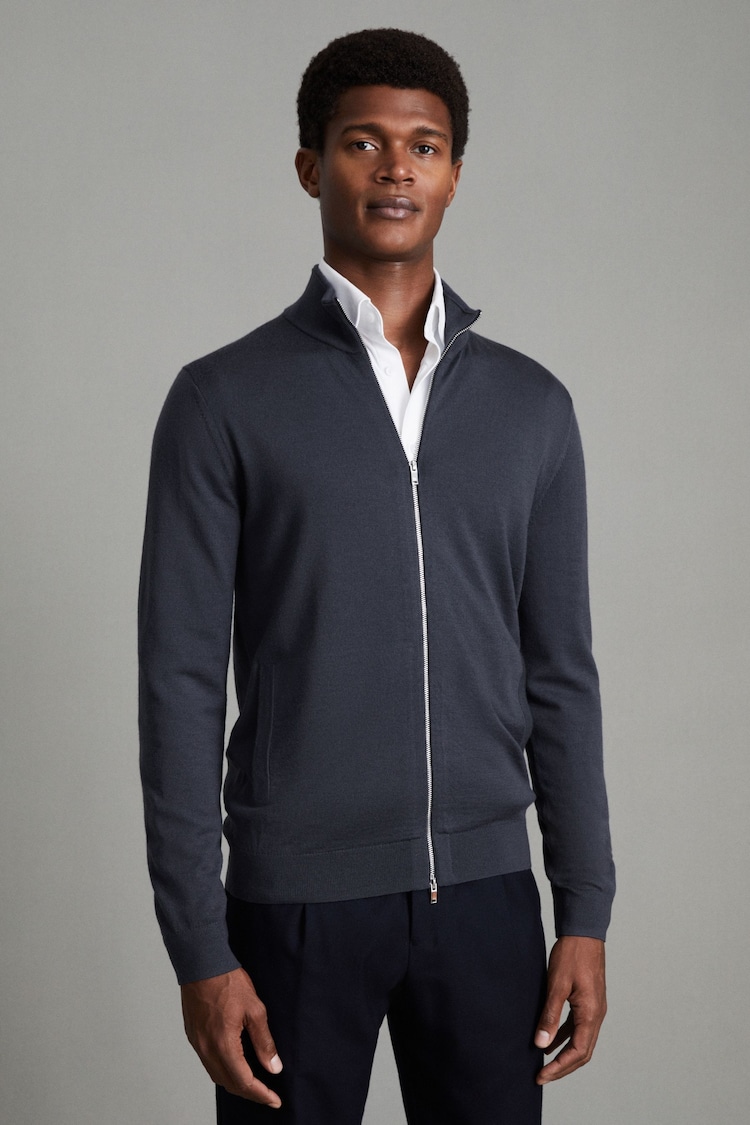 Reiss Blue Smoke Hampshire Merino Wool Funnel-Neck Cardigan - Image 1 of 6