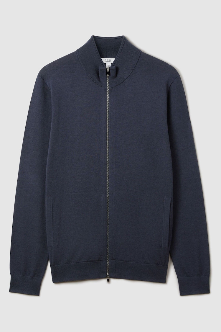 Reiss Blue Smoke Hampshire Merino Wool Funnel-Neck Cardigan - Image 2 of 6