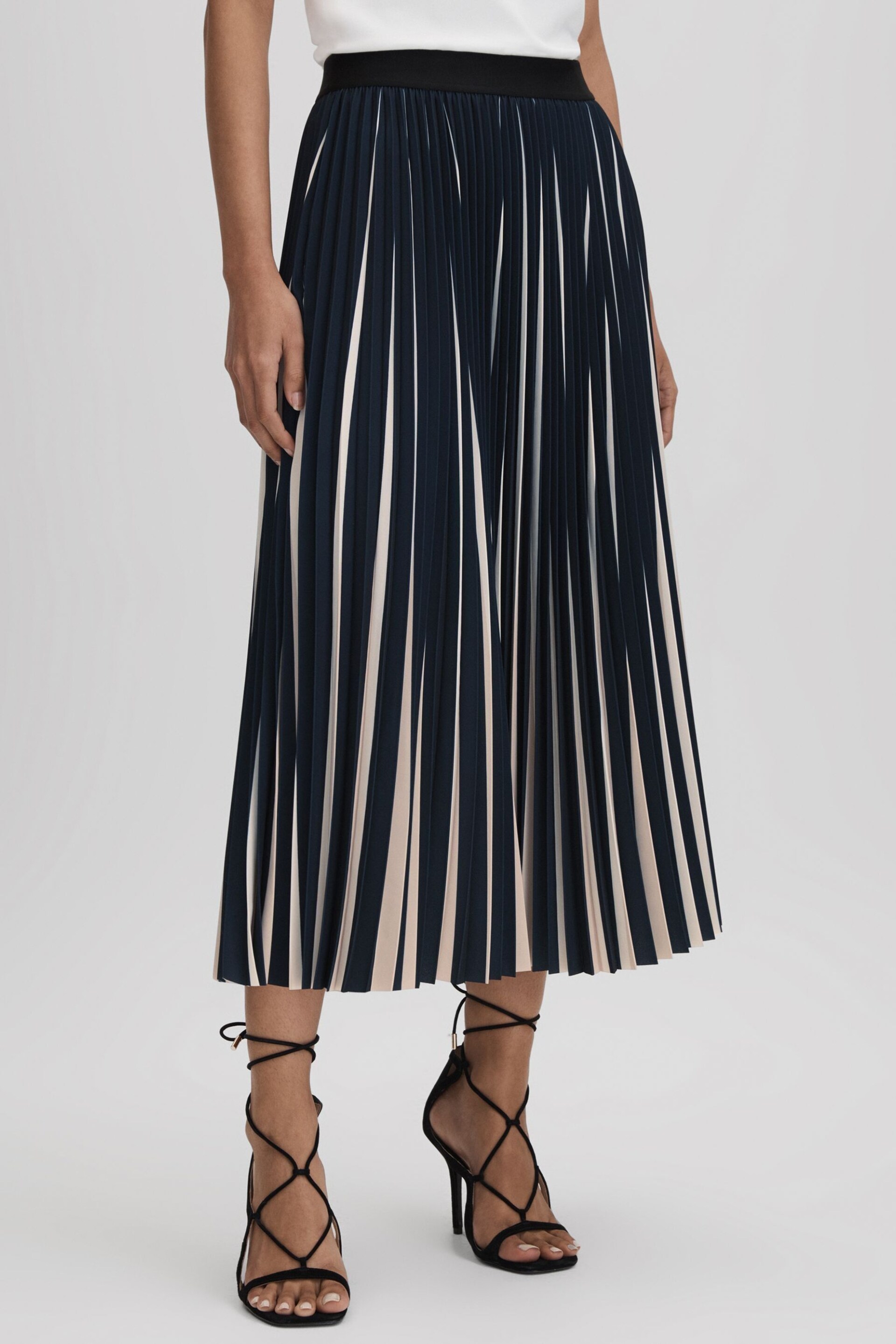 Reiss Navy/Cream Saige Pleated Striped Midi Skirt - Image 3 of 6