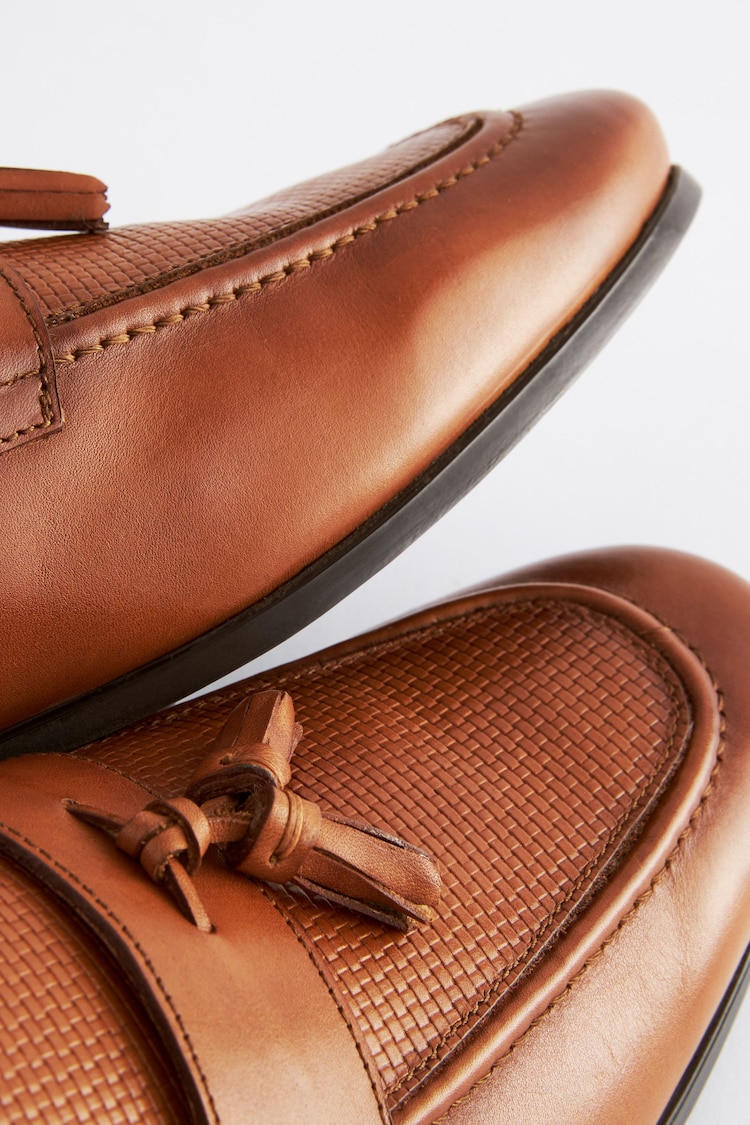 Tan Brown Leather Embossed Tassel Loafers - Image 7 of 7