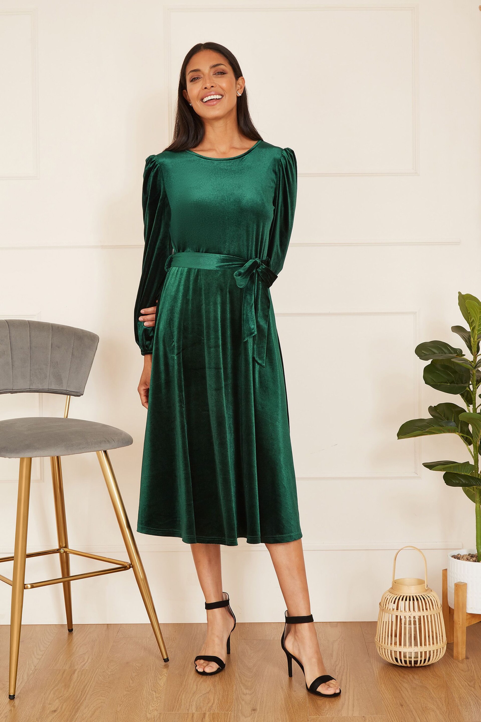 Yumi Green Velvet Long Sleeve Midi Skater Dress - Image 1 of 4