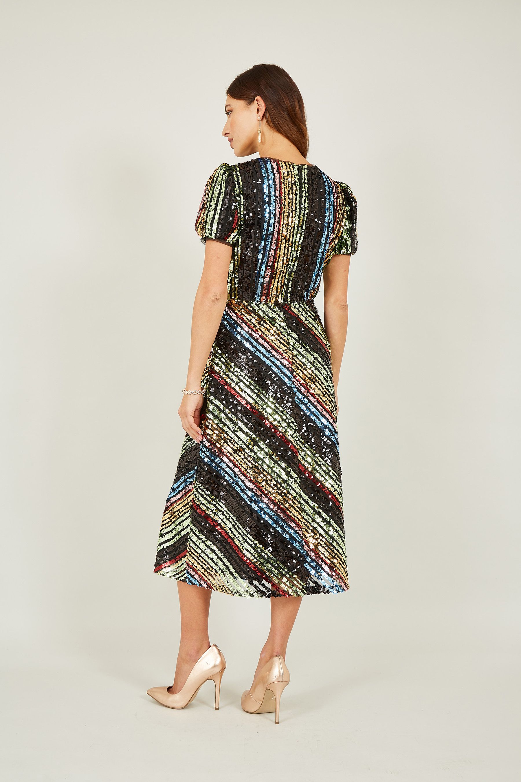 Buy Yumi Natural Rainbow Stripe Sequin Midi Dress from Next Luxembourg