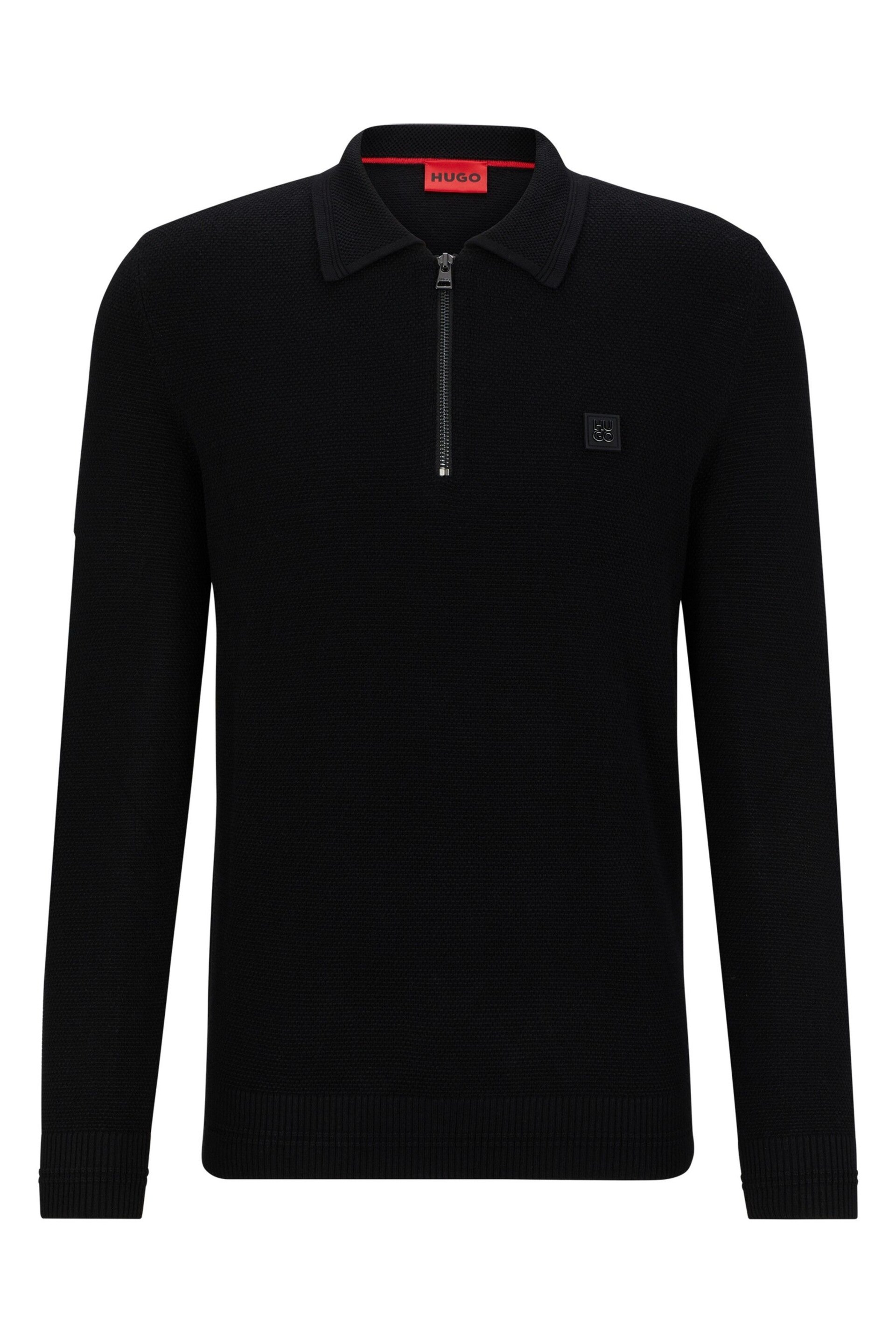 HUGO Black Zip Neck Textured Polo Shirt - Image 5 of 5