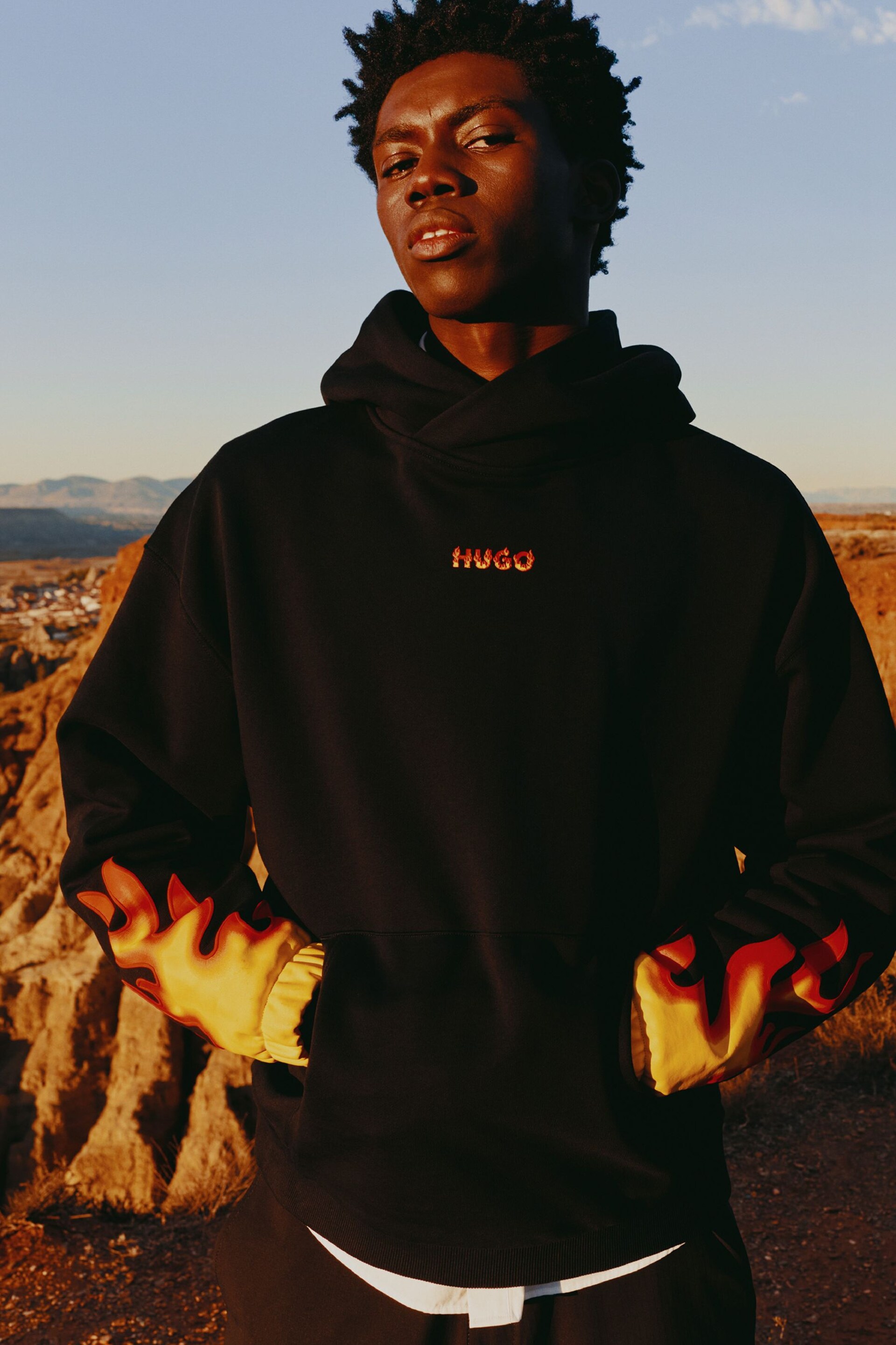 HUGO Cotton-Terry Black Hoodie With Puffed Flame Logo - Image 1 of 4