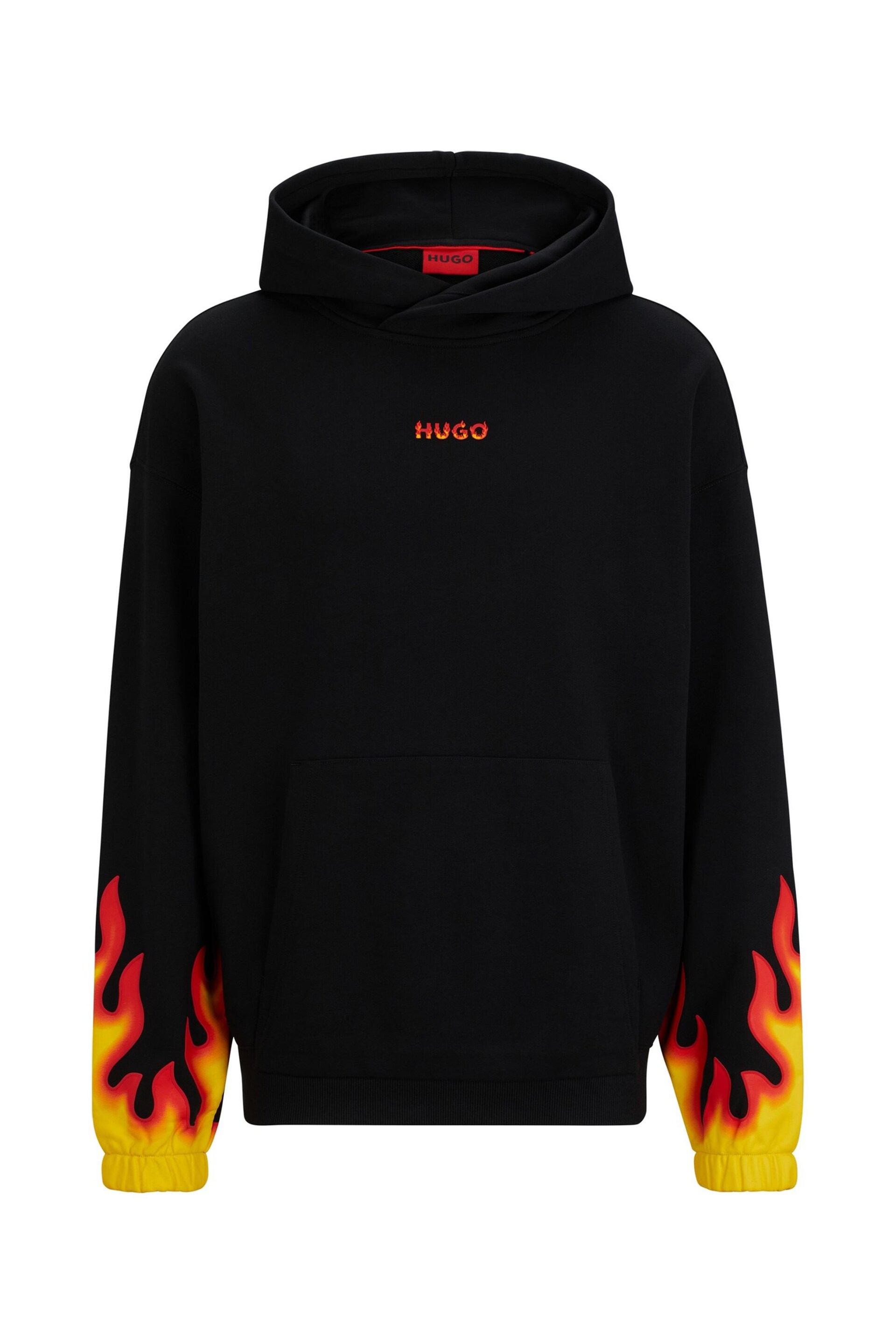 HUGO Cotton-Terry Black Hoodie With Puffed Flame Logo - Image 4 of 4