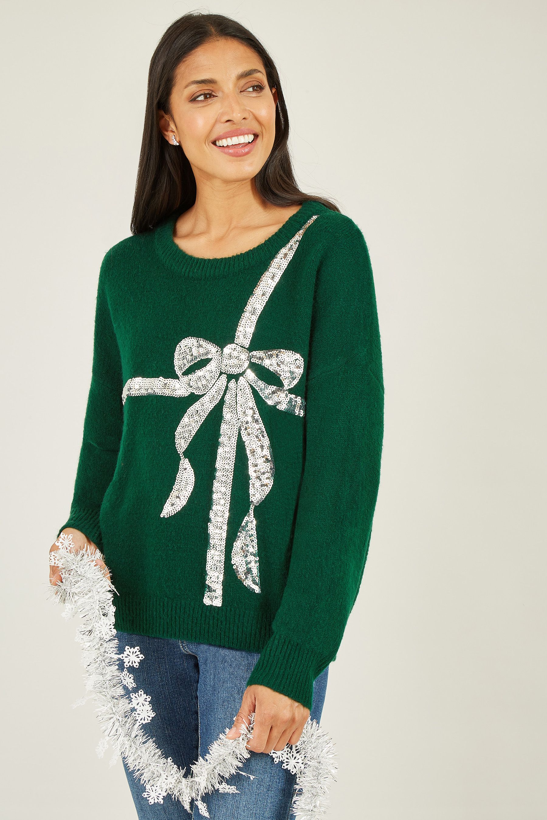 Buy Yumi Green Sequin Bow Knitted Jumper from Next Luxembourg
