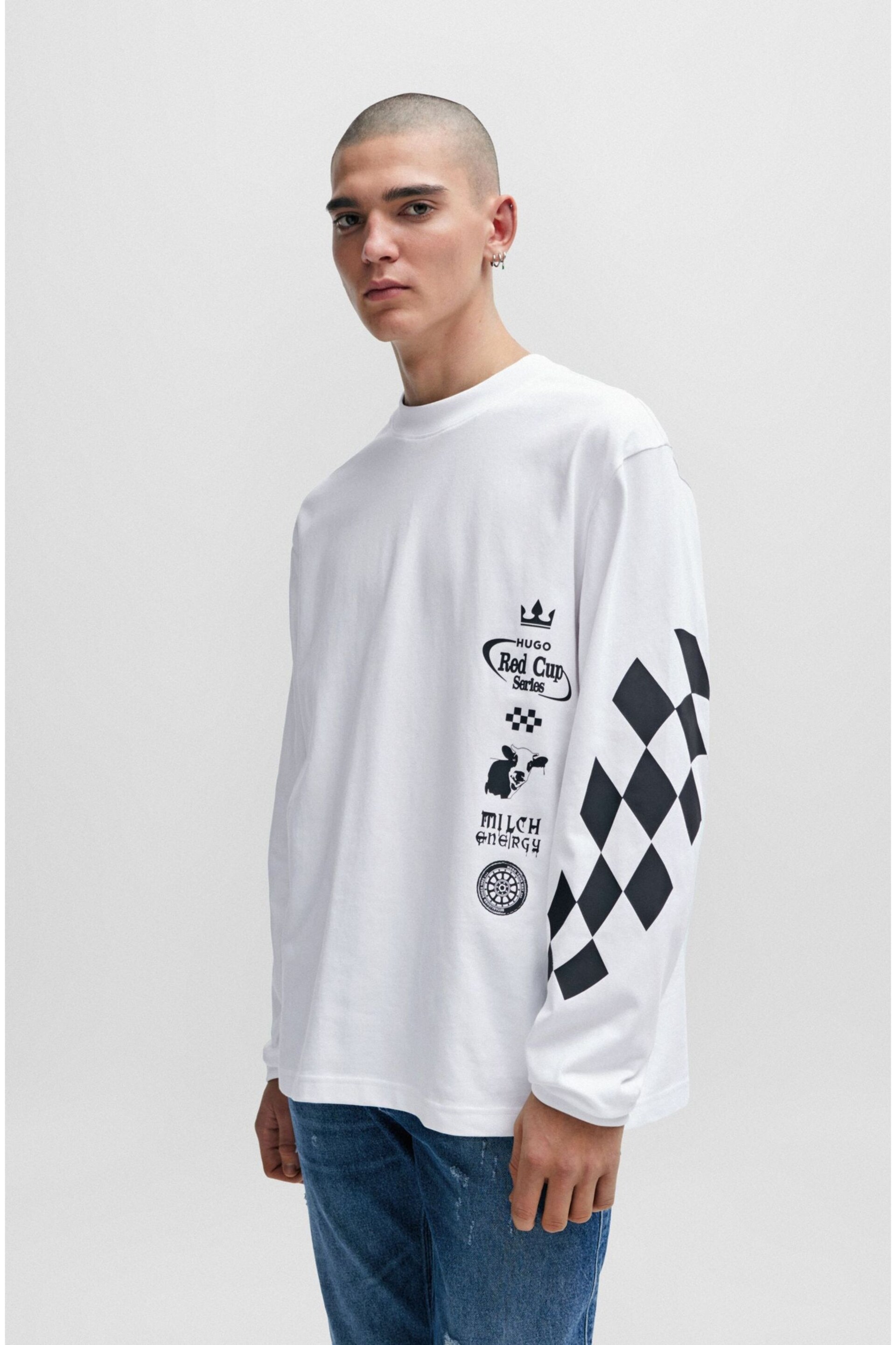 HUGO Racing Inspired Back Graphic Long Sleeve Relaxed Fit White T-Shirt - Image 1 of 5