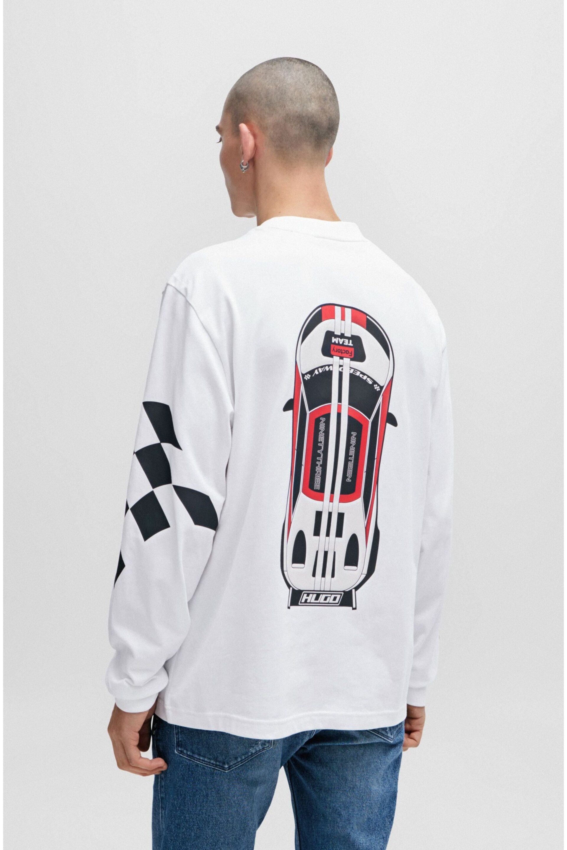 HUGO Racing Inspired Back Graphic Long Sleeve Relaxed Fit White T-Shirt - Image 2 of 5