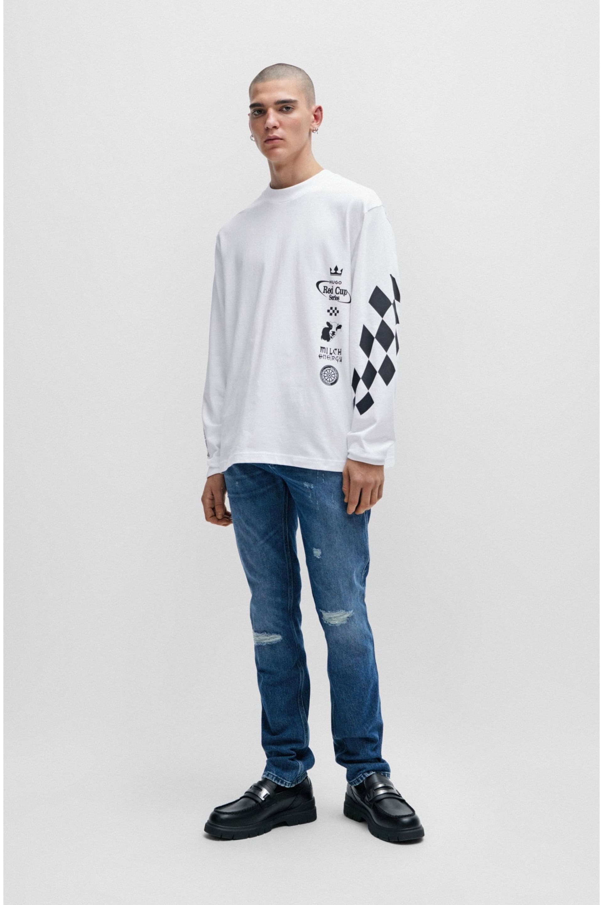 HUGO Racing Inspired Back Graphic Long Sleeve Relaxed Fit White T-Shirt - Image 4 of 5