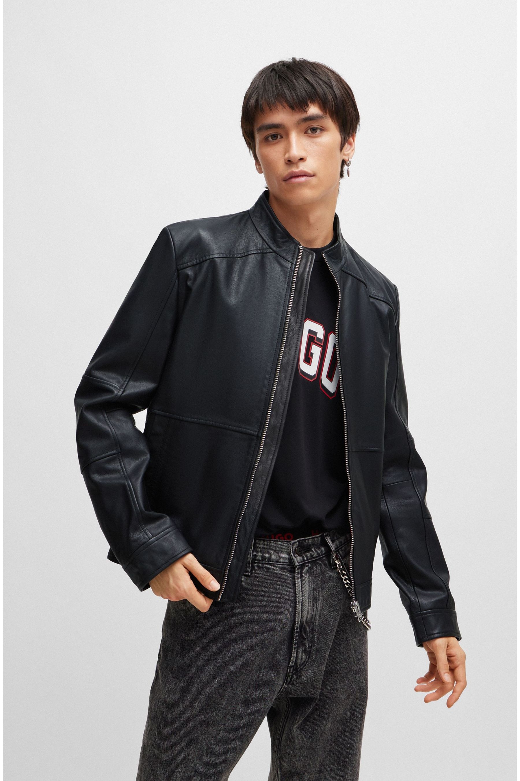 Black slim leather jacket clearance