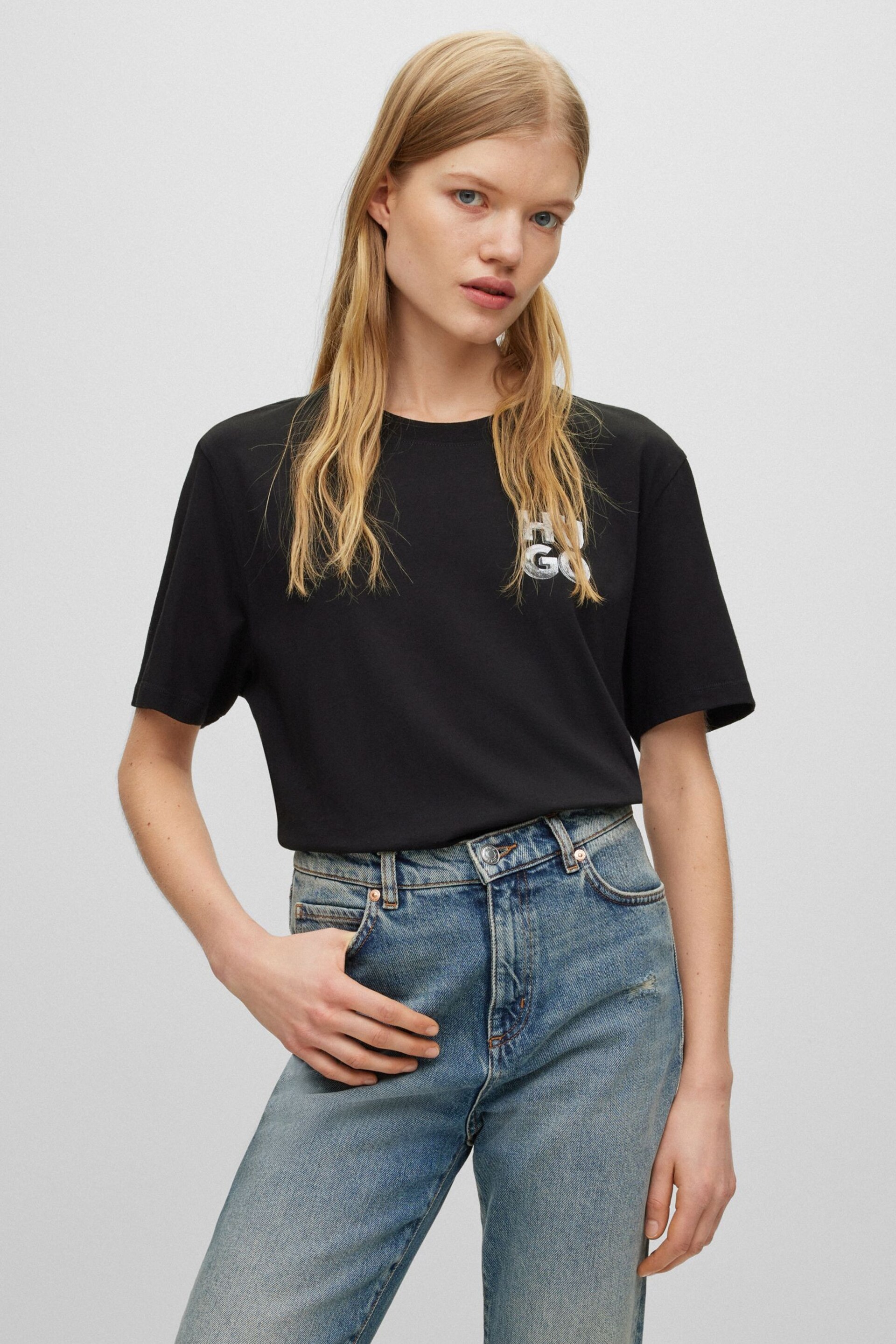 HUGO Cotton-jersey Black T-Shirt with decorative reflective logo - Image 1 of 5