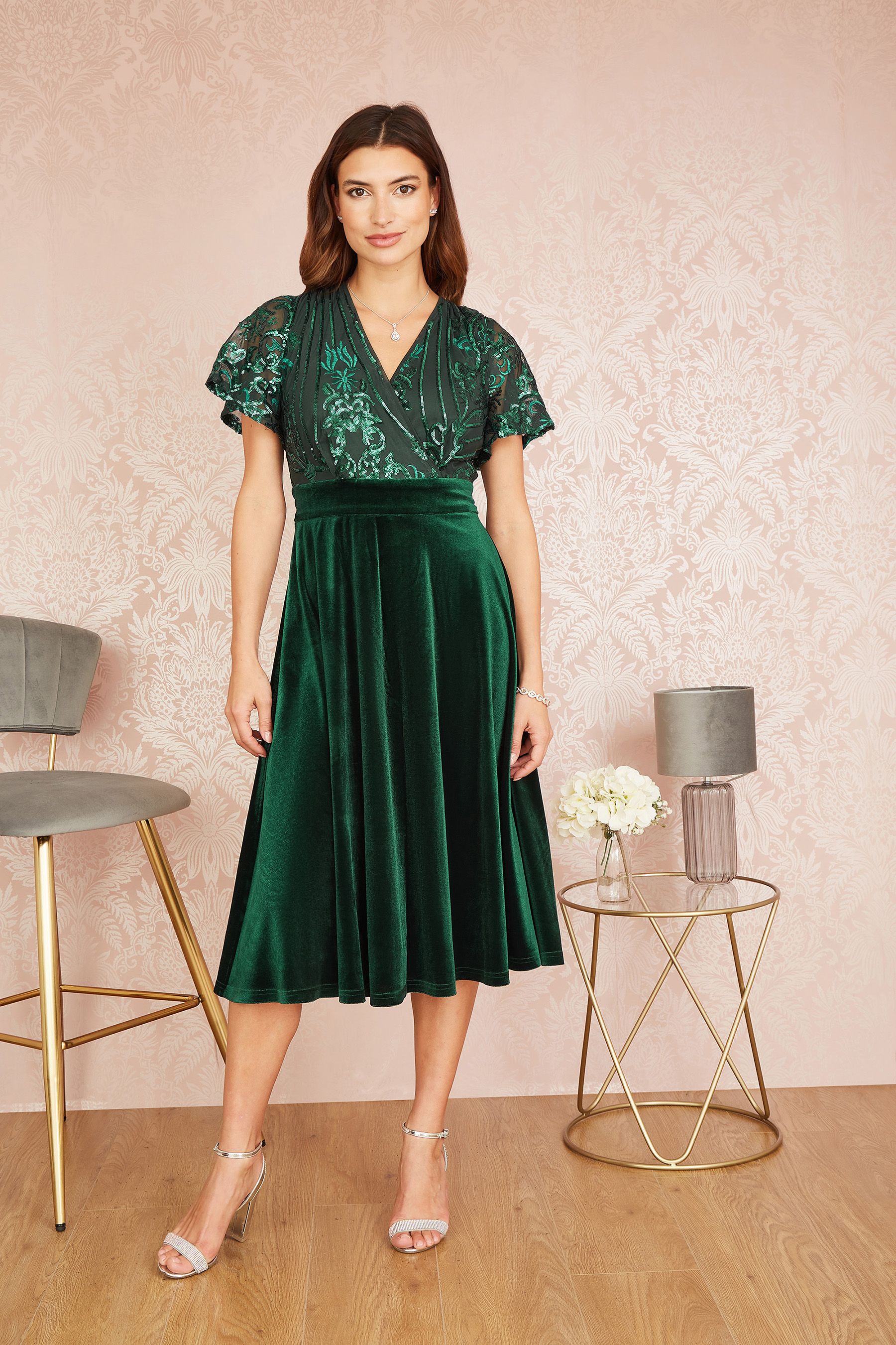 Buy Yumi Green Embellished Velvet Wrap Skater Midi Dress from Next Luxembourg