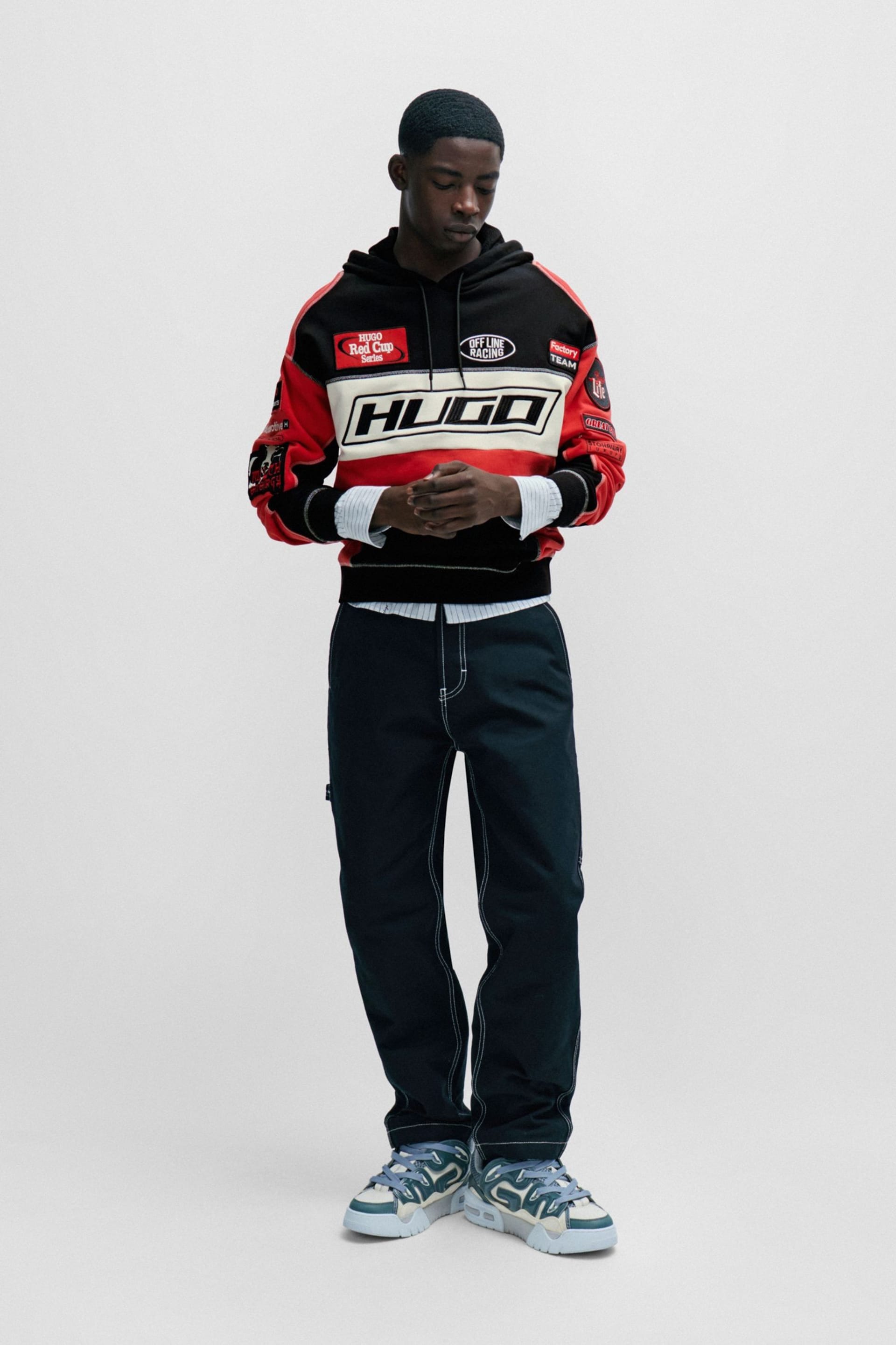 HUGO Red/Black Racing Inspired Logo Relaxed Fit Hoodie - Image 3 of 5