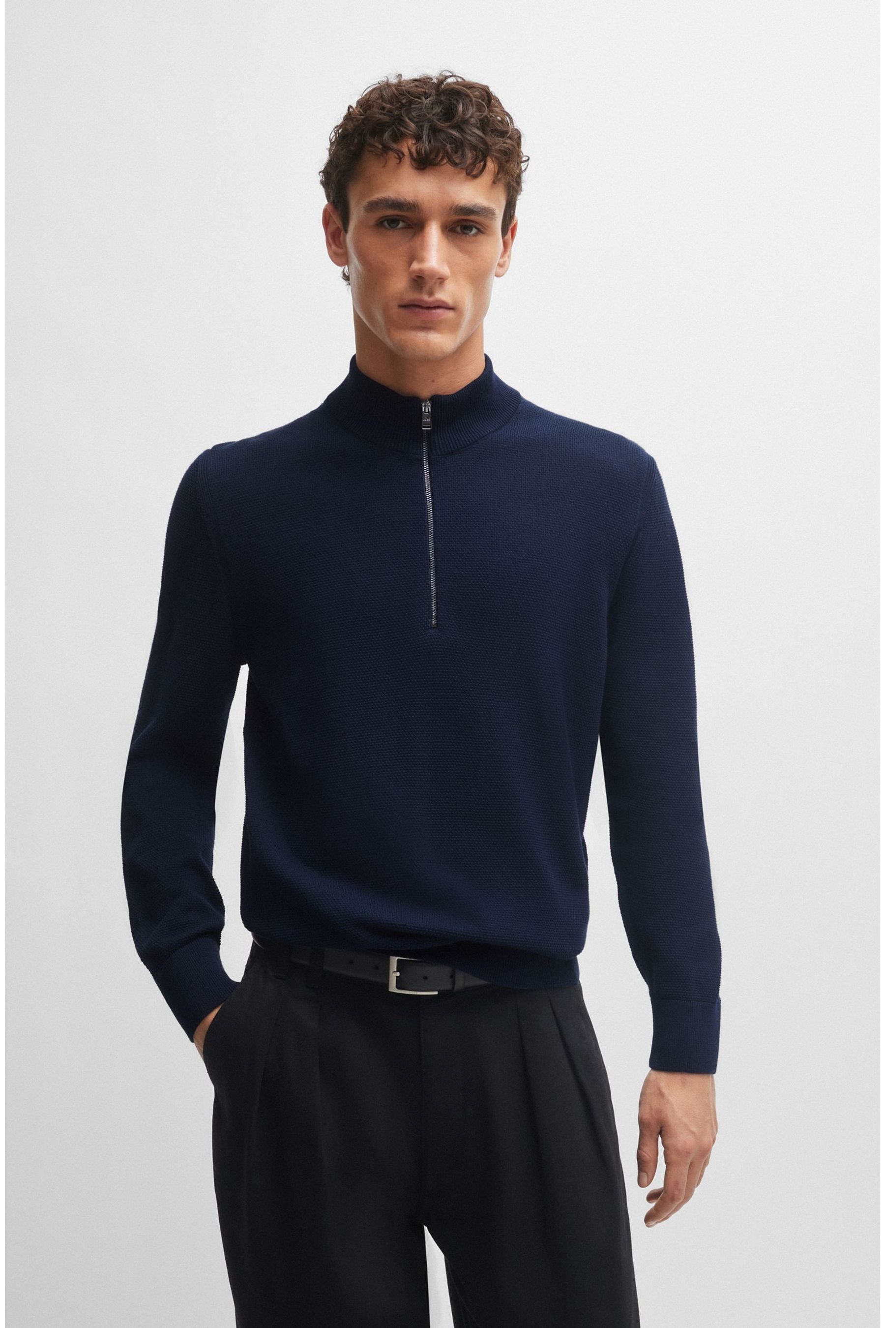 BOSS Dark Blue Quarter Zip Premium Knitted 100 Cotton Jumper