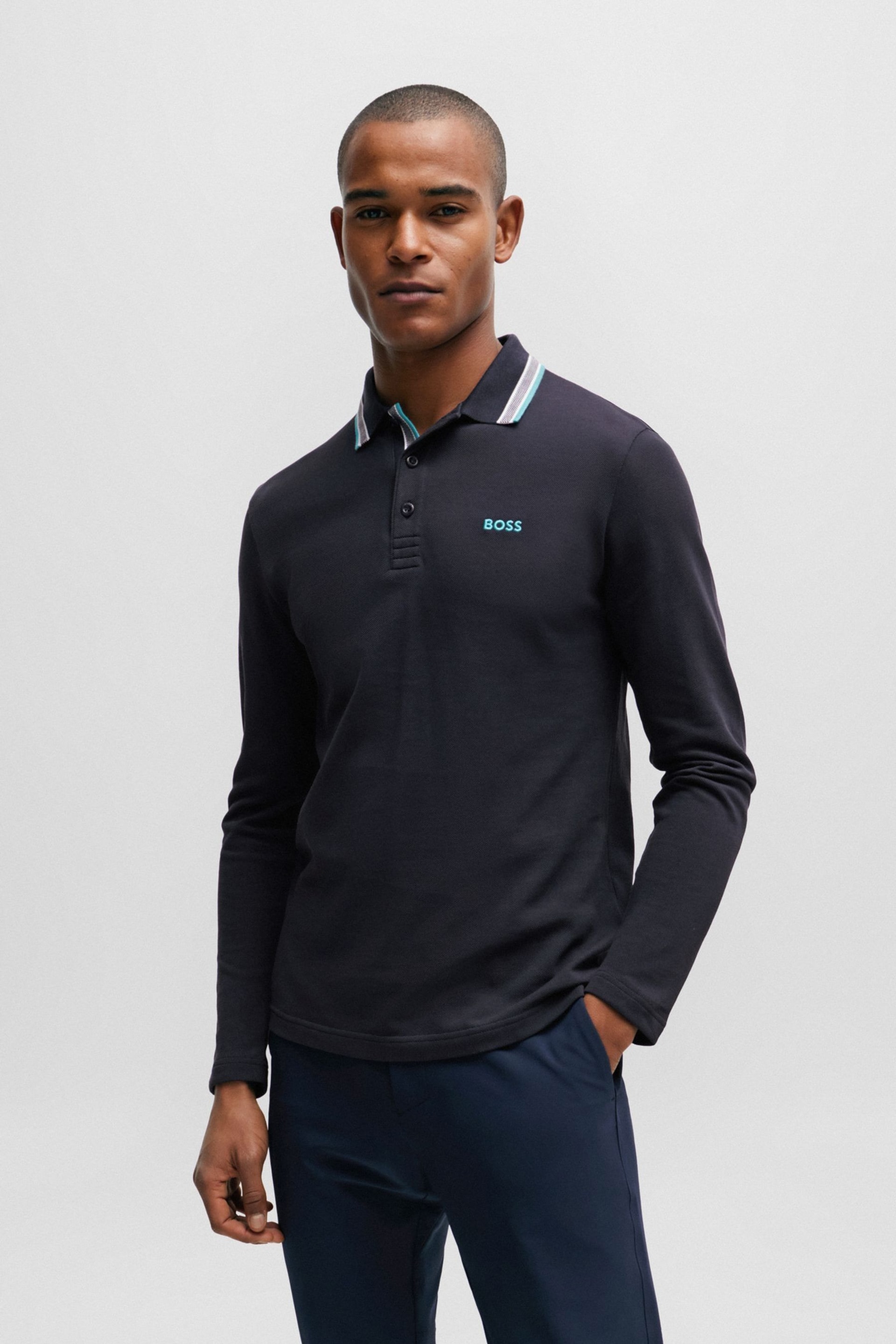 BOSS Blue Tipped Collar Long Sleeve Polo Shirt - Image 1 of 5