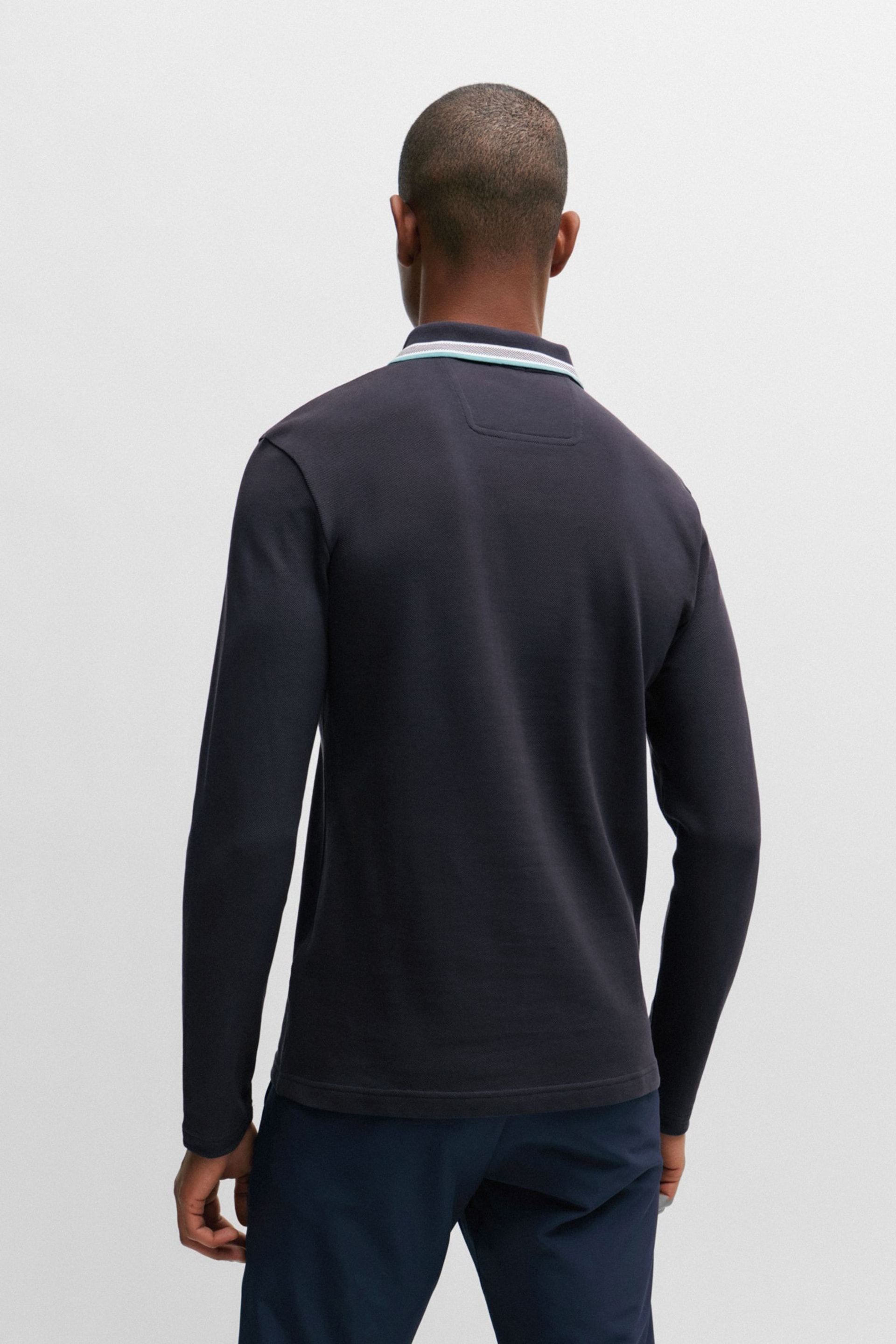 BOSS Blue Tipped Collar Long Sleeve Polo Shirt - Image 2 of 5