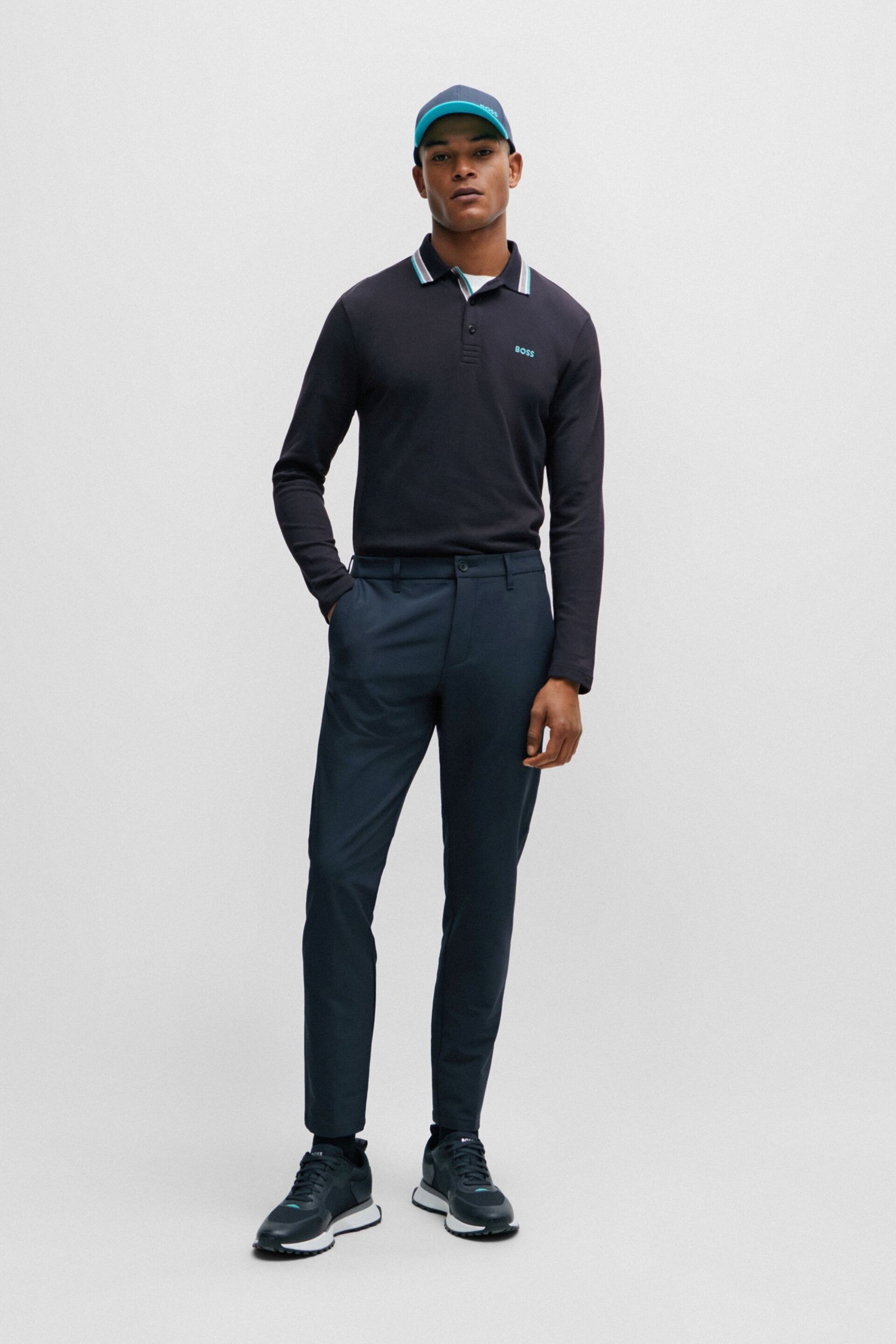 BOSS Blue Tipped Collar Long Sleeve Polo Shirt - Image 3 of 5