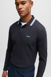 BOSS Blue Tipped Collar Long Sleeve Polo Shirt - Image 4 of 5