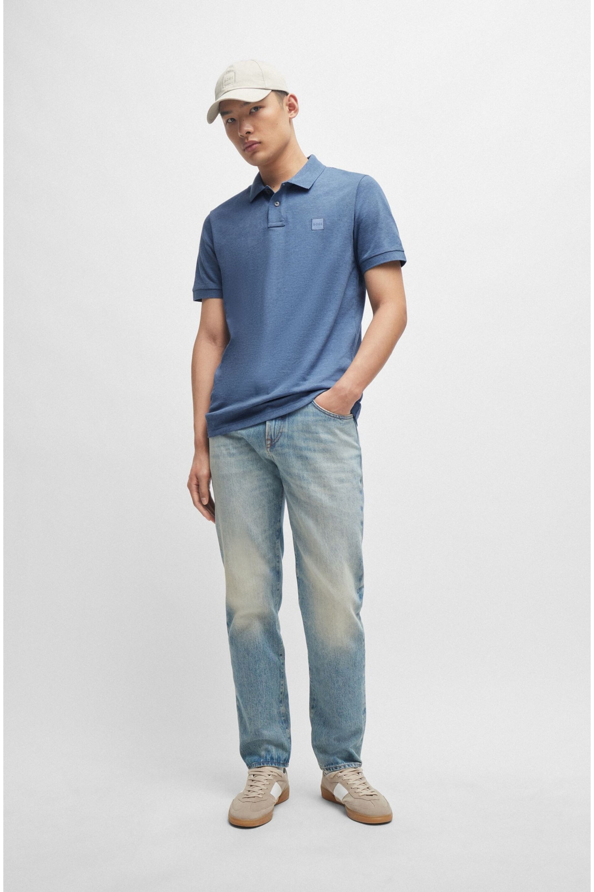 BOSS Mid Blue Slim Fit Stretch-Cotton Polo Shirt With Logo Patch - Image 3 of 4