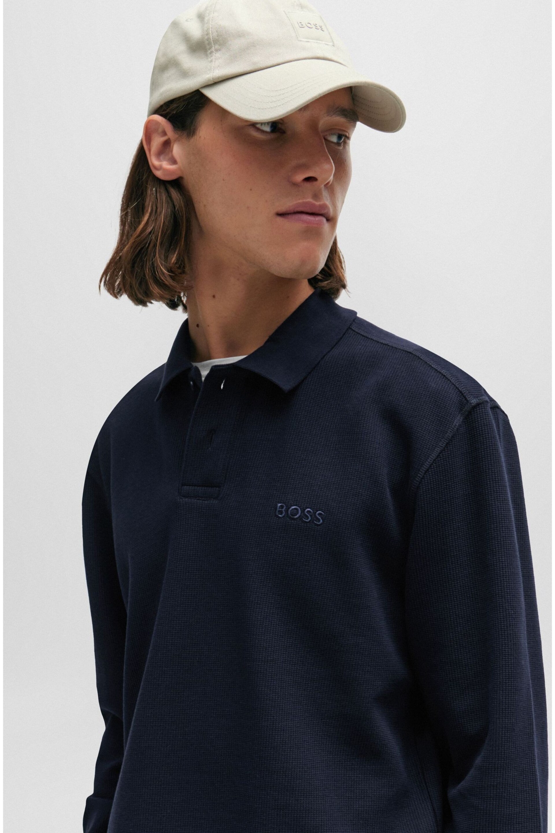 BOSS Blue Waffle Texture Long Sleeve Polo Shirt - Image 4 of 5