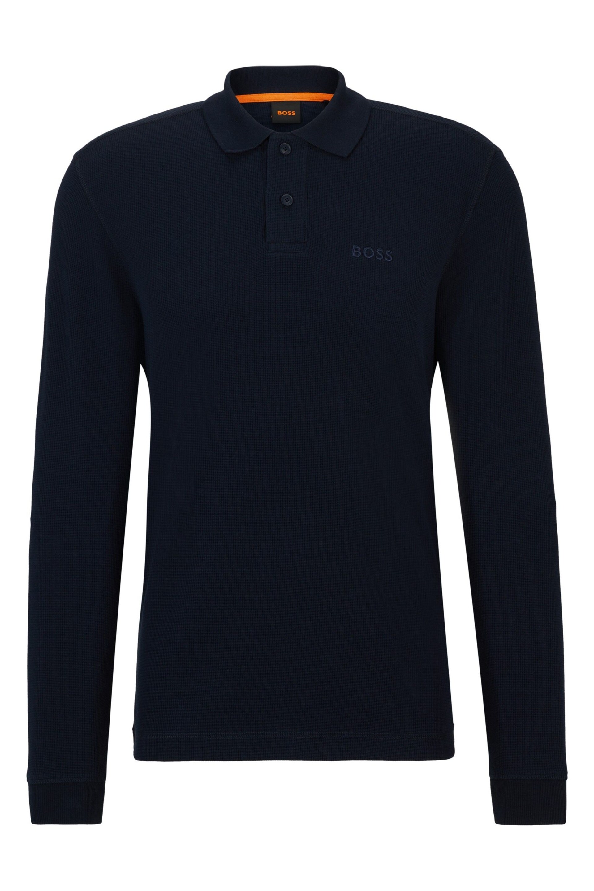 BOSS Blue Waffle Texture Long Sleeve Polo Shirt - Image 5 of 5