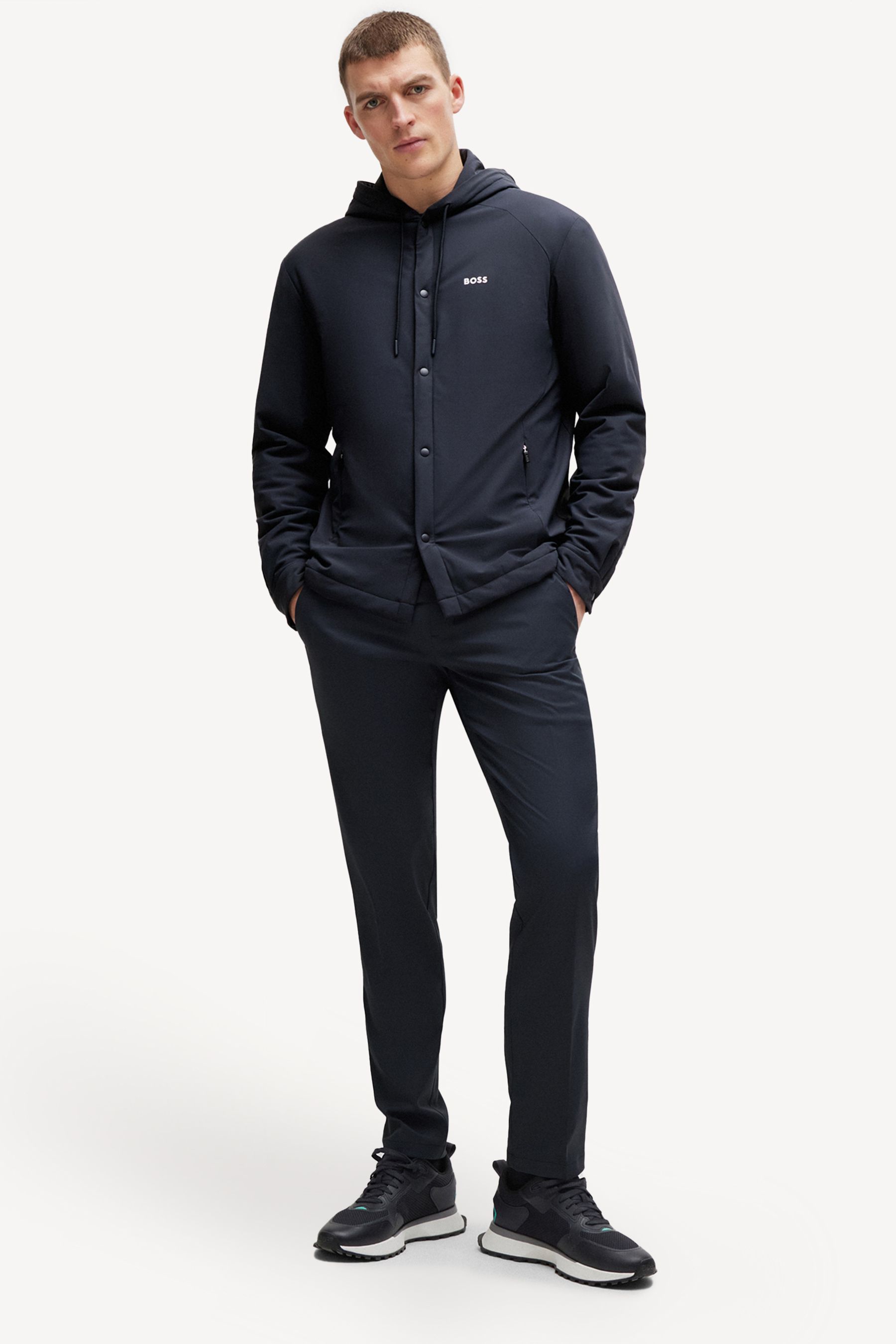 BOSS Navy Blue Button Up Hooded Overshirt Jacket