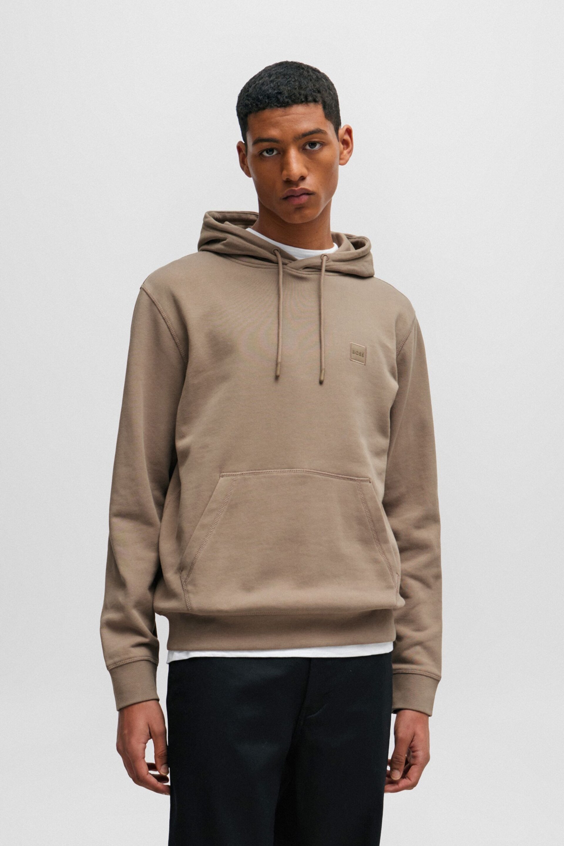 BOSS Brown Logo-Patch Hoodie In Cotton Terry - Image 1 of 5