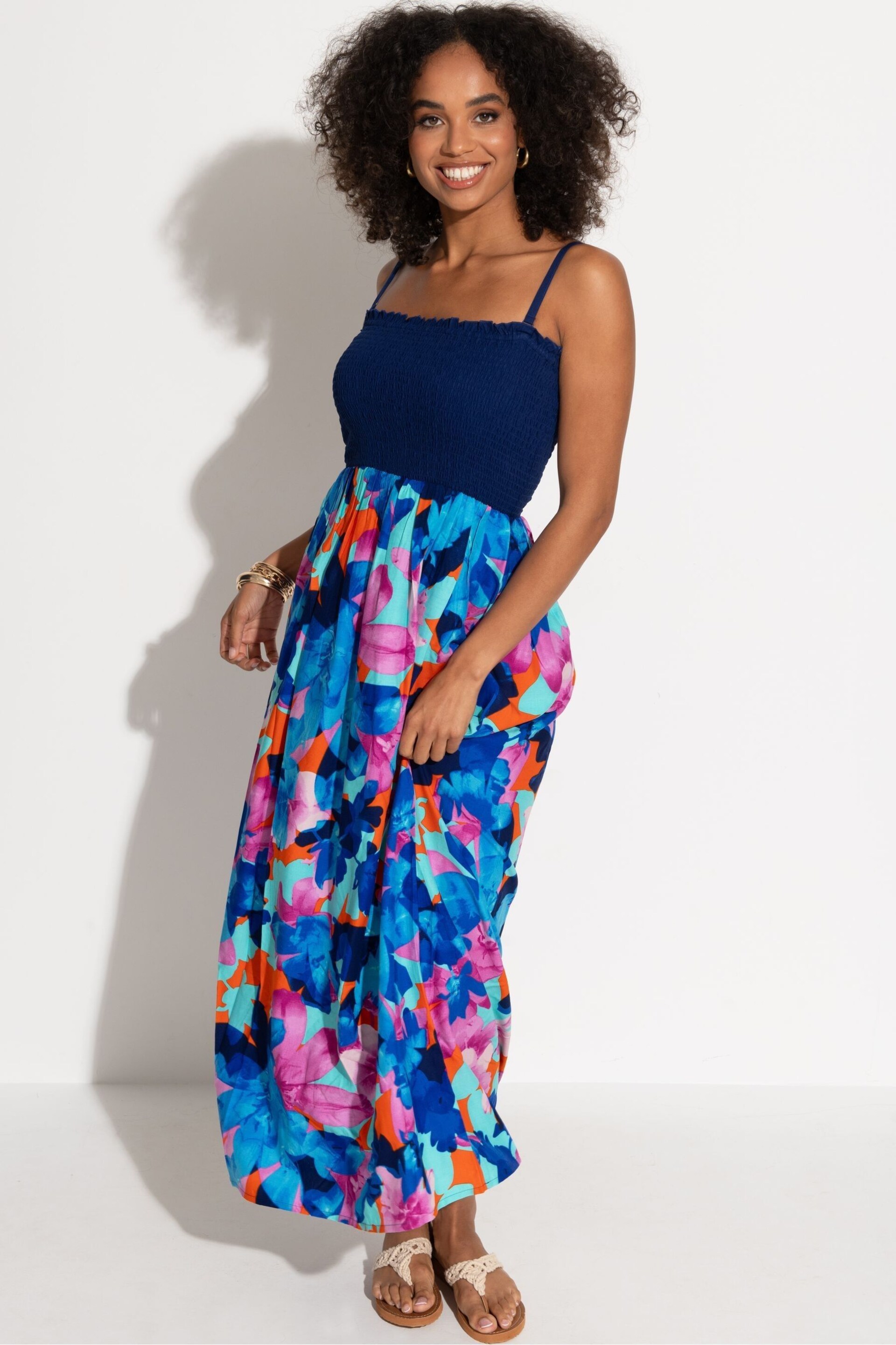 Pour Moi Blue Multi Floral Strapless Shirred Bodice Maxi Beach Dress - Image 2 of 4