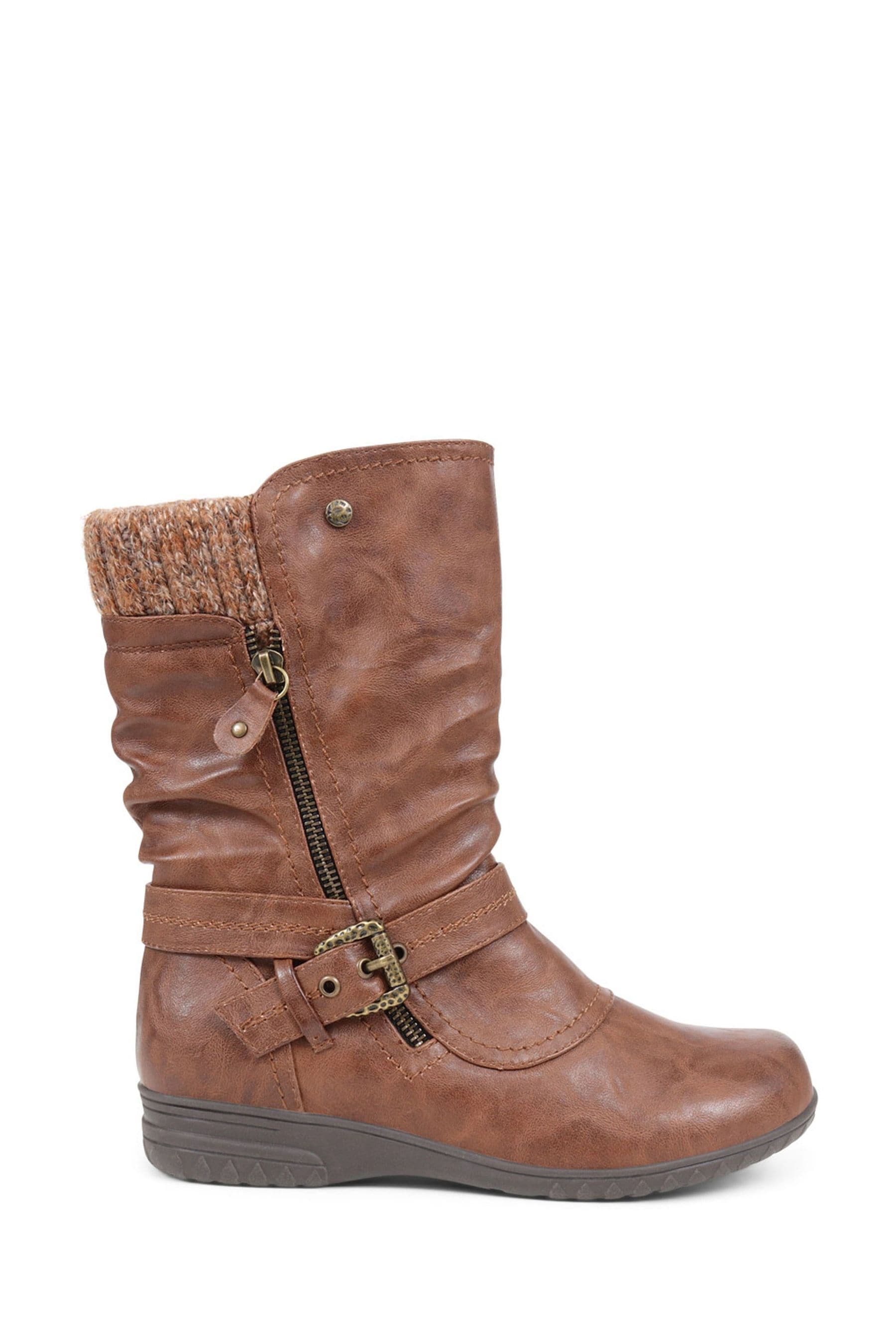 Pavers Brown Knitted Cuff Buckle Slouch Mid Calf Boots