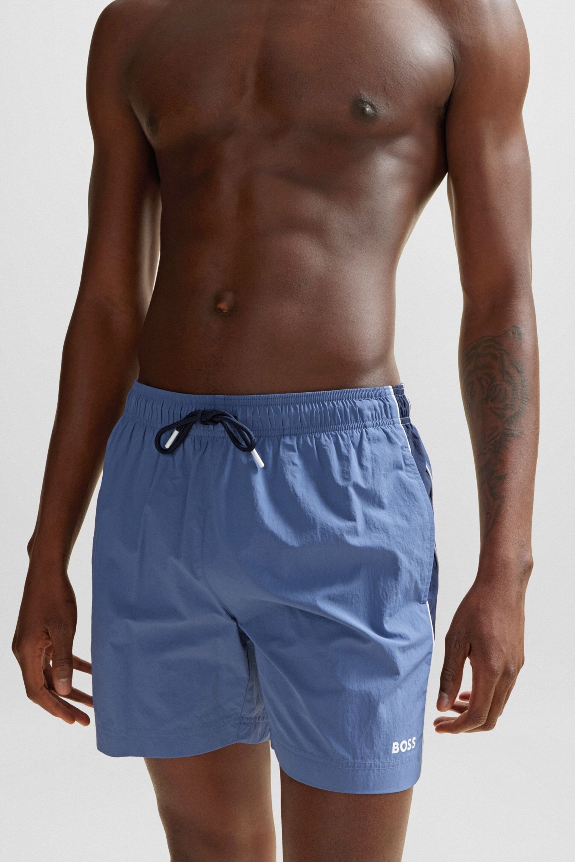 BOSS Blue Logo Swim Shorts with Side Stripes and Logo - Image 3 of 4