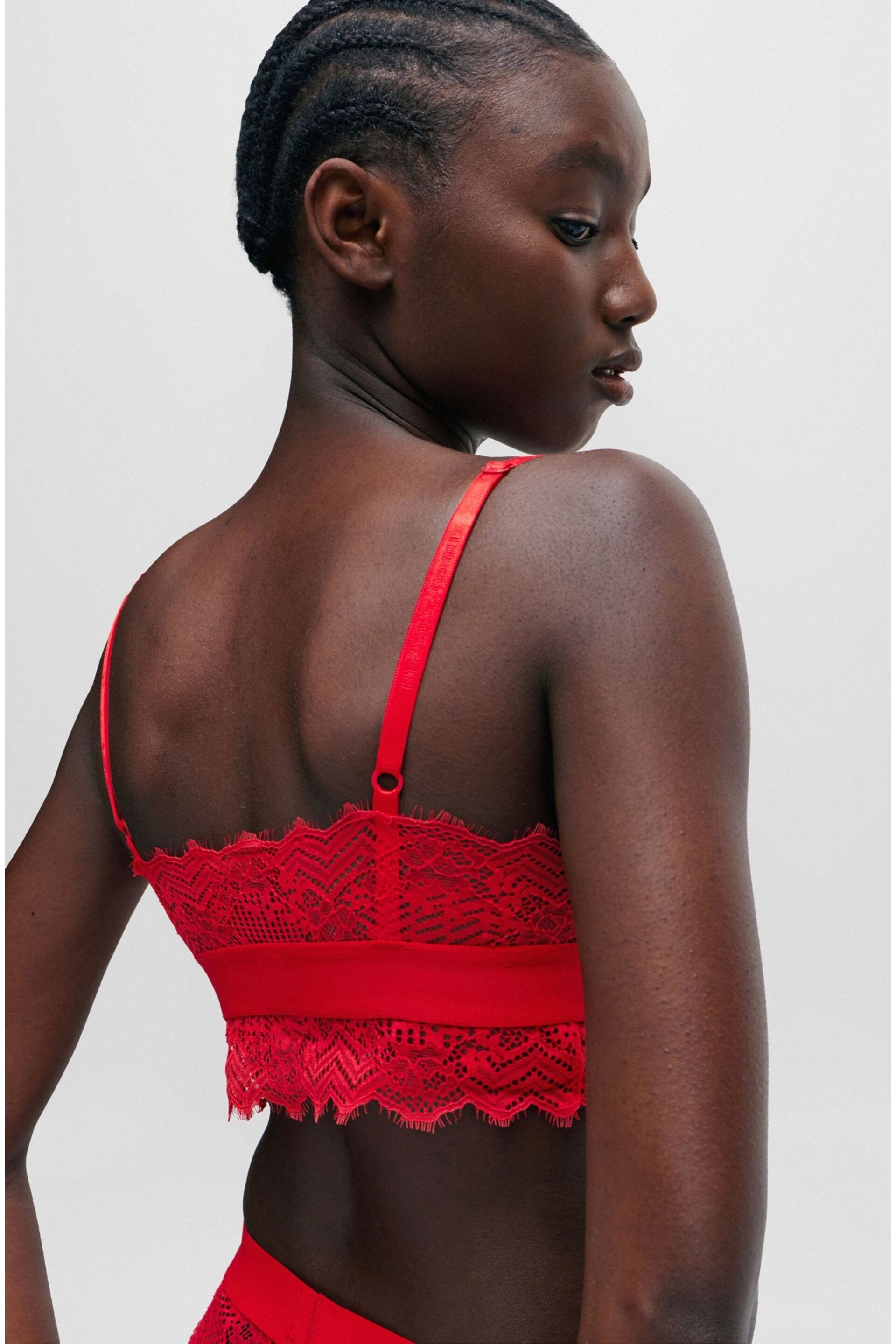 HUGO Red Padded Triangle Bra in Geometric Lace with Logo Label - Image 2 of 5