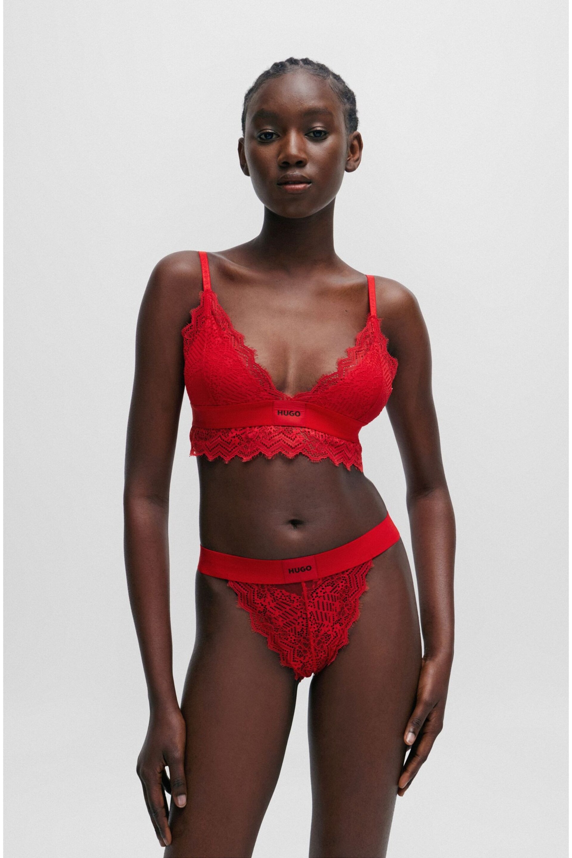 HUGO Red Padded Triangle Bra in Geometric Lace with Logo Label - Image 3 of 5