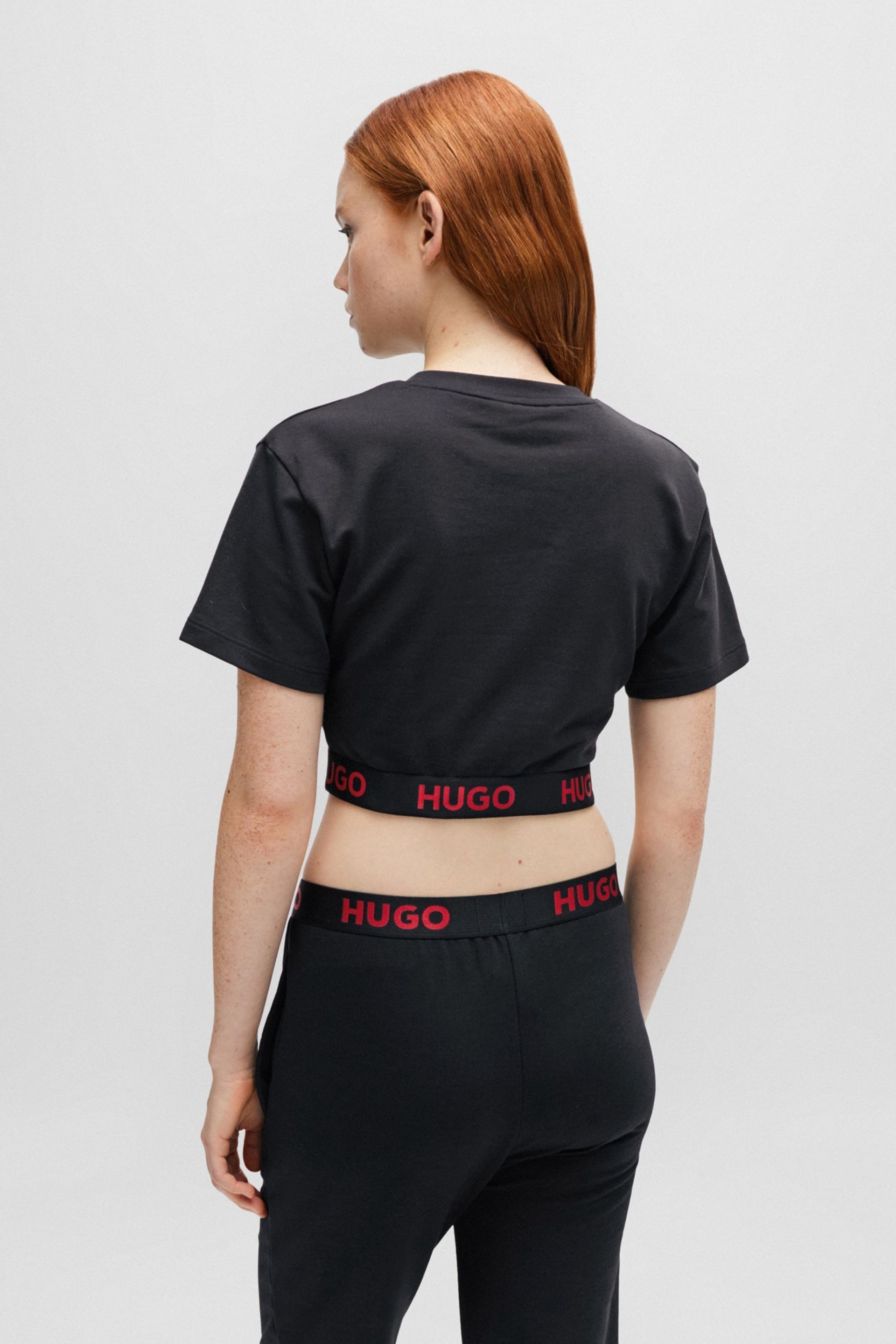 HUGO Cropped Black T-Shirt in Stretch Fabric With Logo Waistband Crop Top - Image 3 of 6