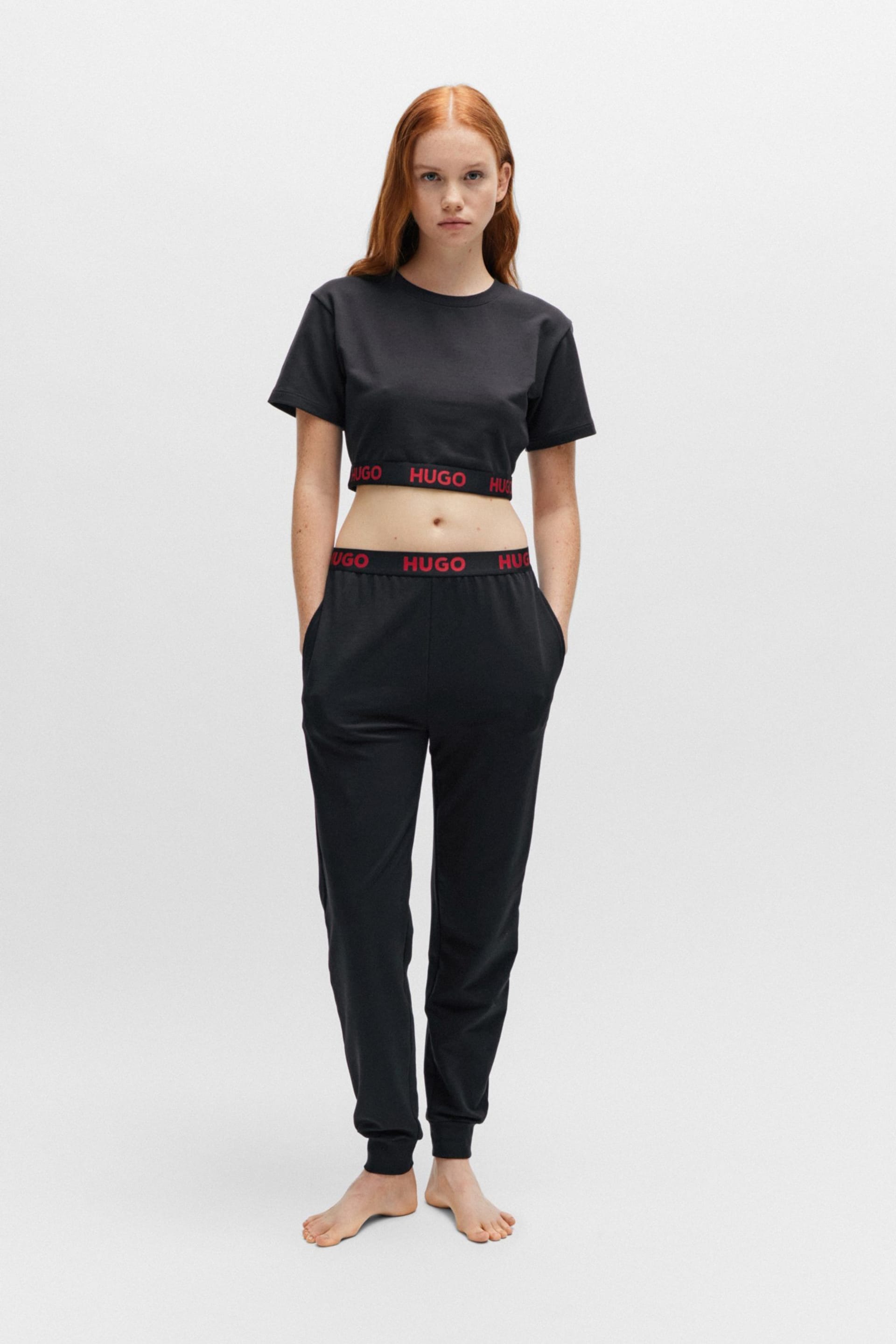 HUGO Cropped Black T-Shirt in Stretch Fabric With Logo Waistband Crop Top - Image 4 of 6