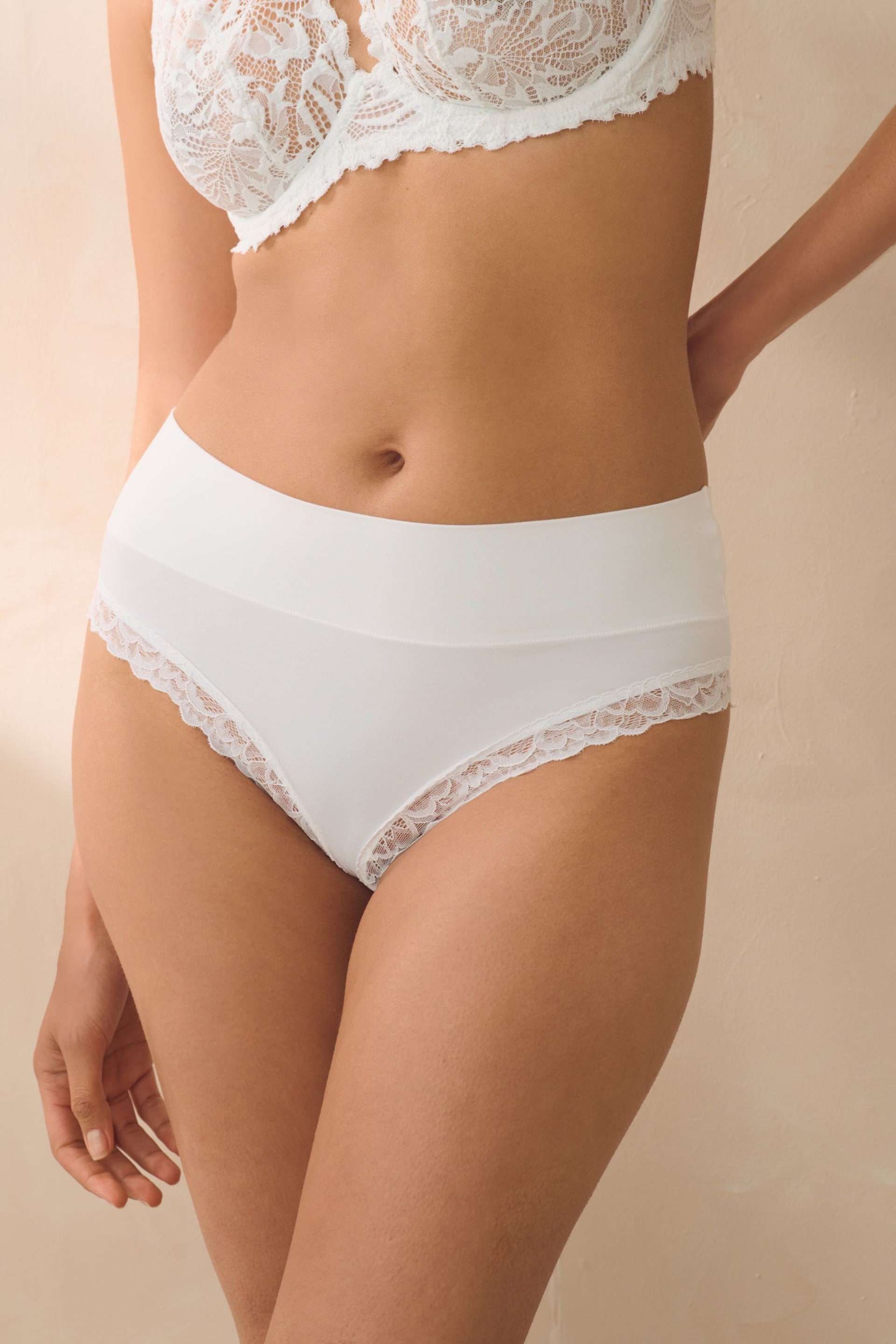 White High Rise High Leg Ultimate Comfort Brushed Lace Trim Knickers - Image 1 of 4