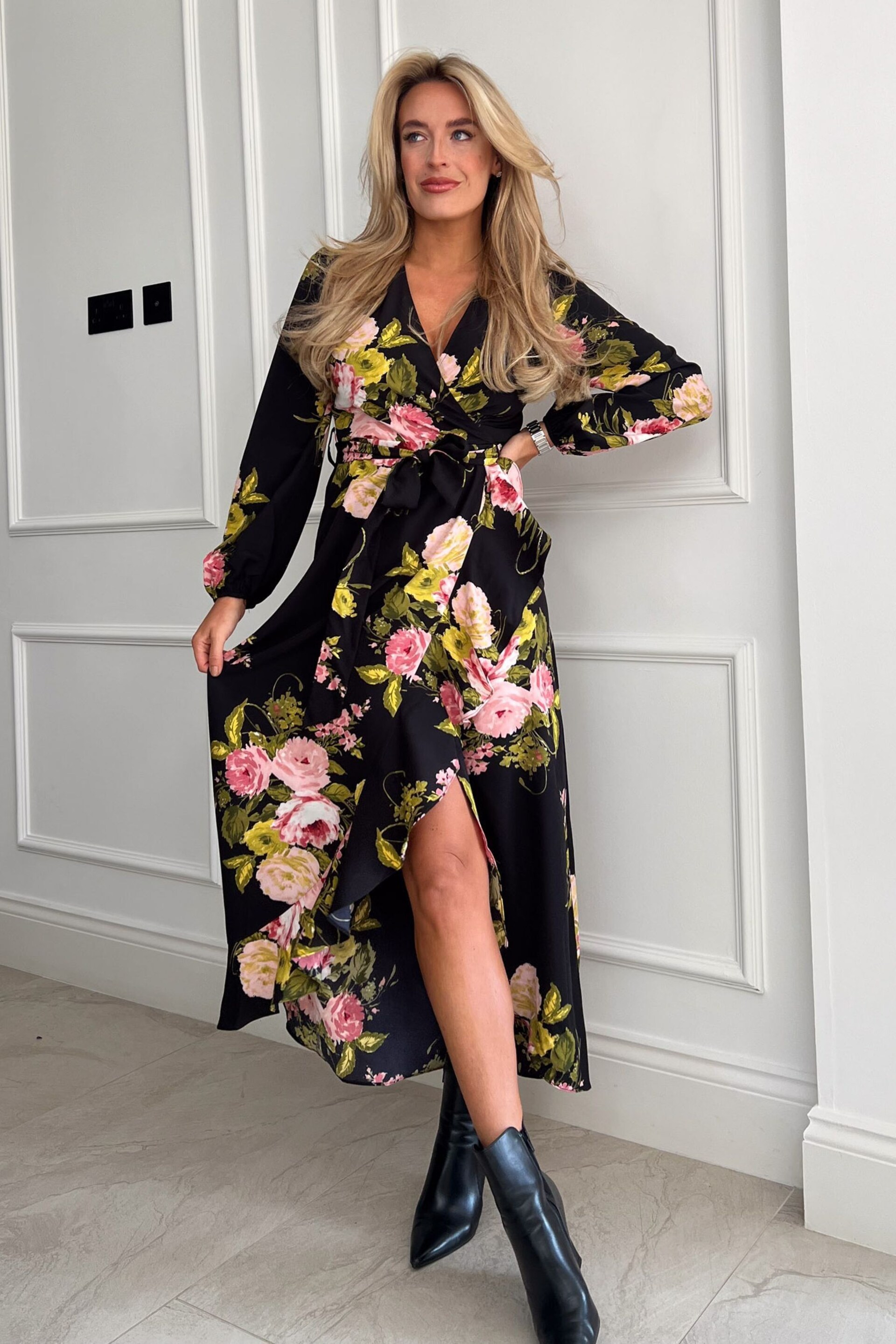 Girl In Mind Black Floral Thea Long Sleeve Wrap Midi Dress - Image 1 of 4