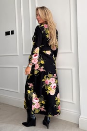 Girl In Mind Black Floral Thea Long Sleeve Wrap Midi Dress - Image 2 of 4