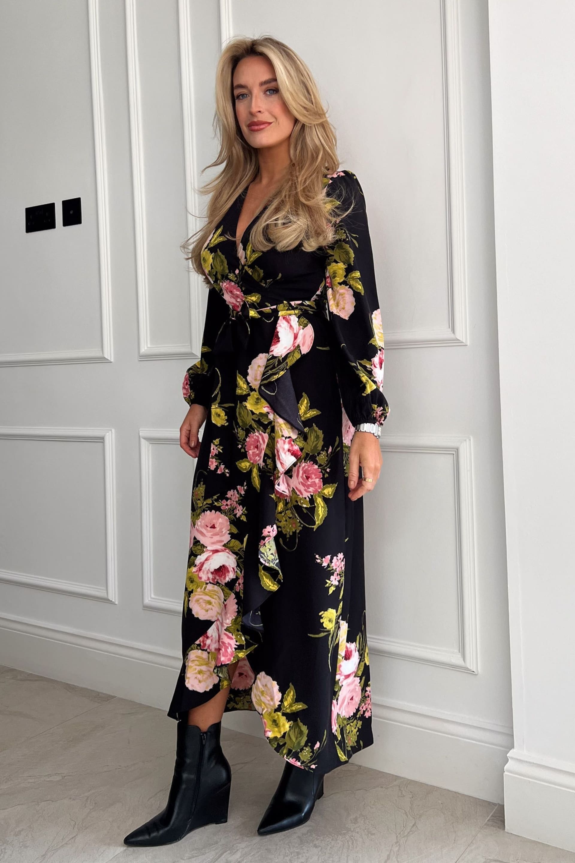 Girl In Mind Black Floral Thea Long Sleeve Wrap Midi Dress - Image 3 of 4
