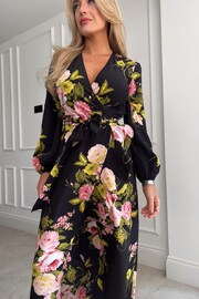Girl In Mind Black Floral Thea Long Sleeve Wrap Midi Dress - Image 4 of 4