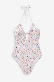 Ecru/Pink Floral Tile Halterneck Tummy Shaping Control Swimsuit - Image 5 of 5