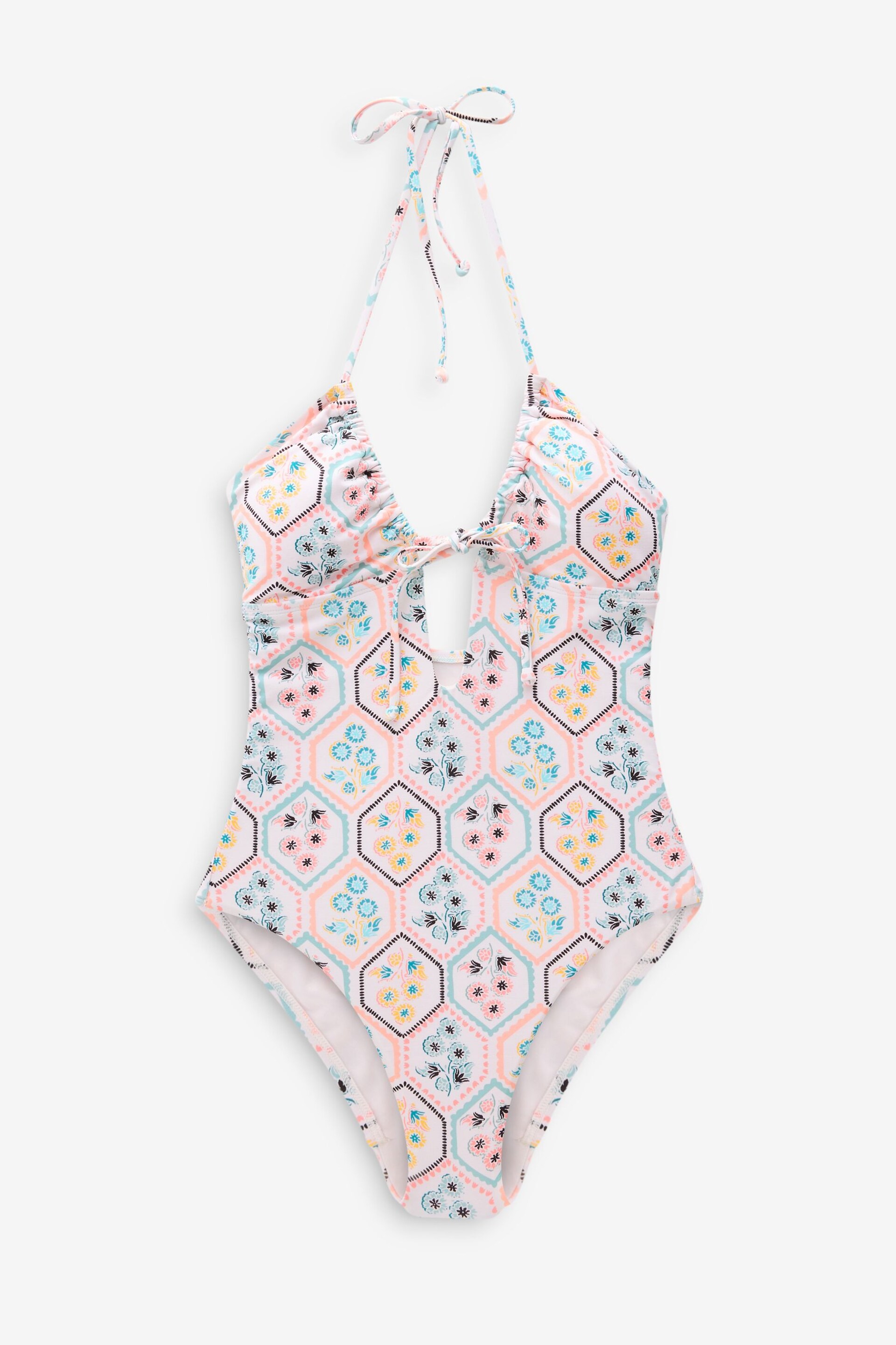 Ecru/Pink Floral Tile Halterneck Tummy Shaping Control Swimsuit - Image 5 of 5